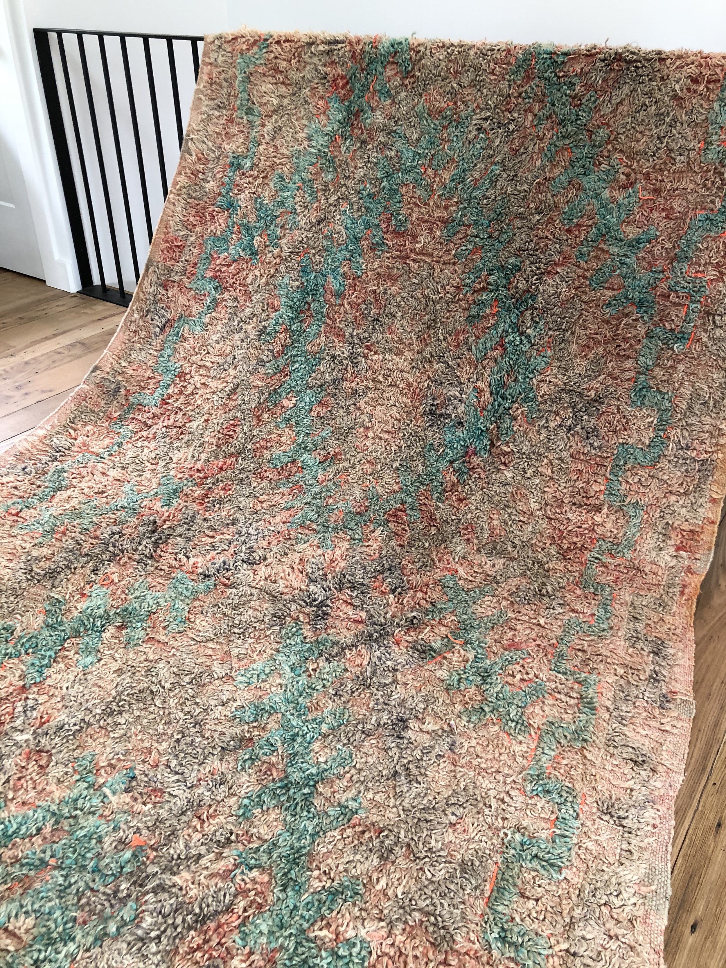 Vintage talsint shag moroccan rug with turquoise and peach 6x13