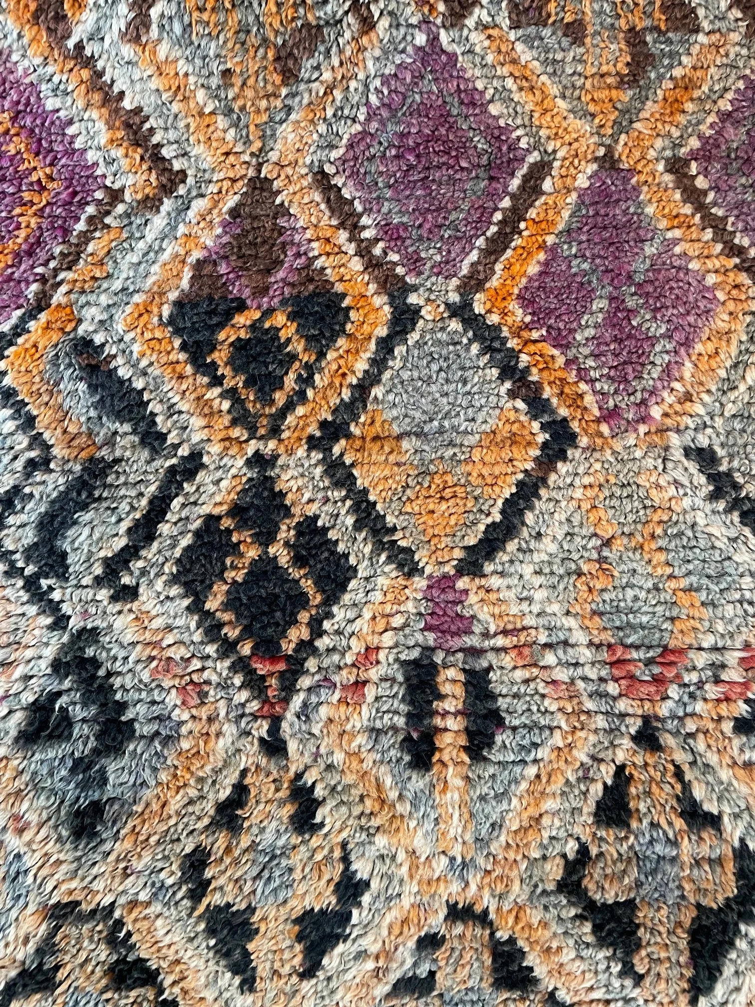 Vintage Talsint Moroccan Rug midcentury with purples navy orange geometric pattern 7x11