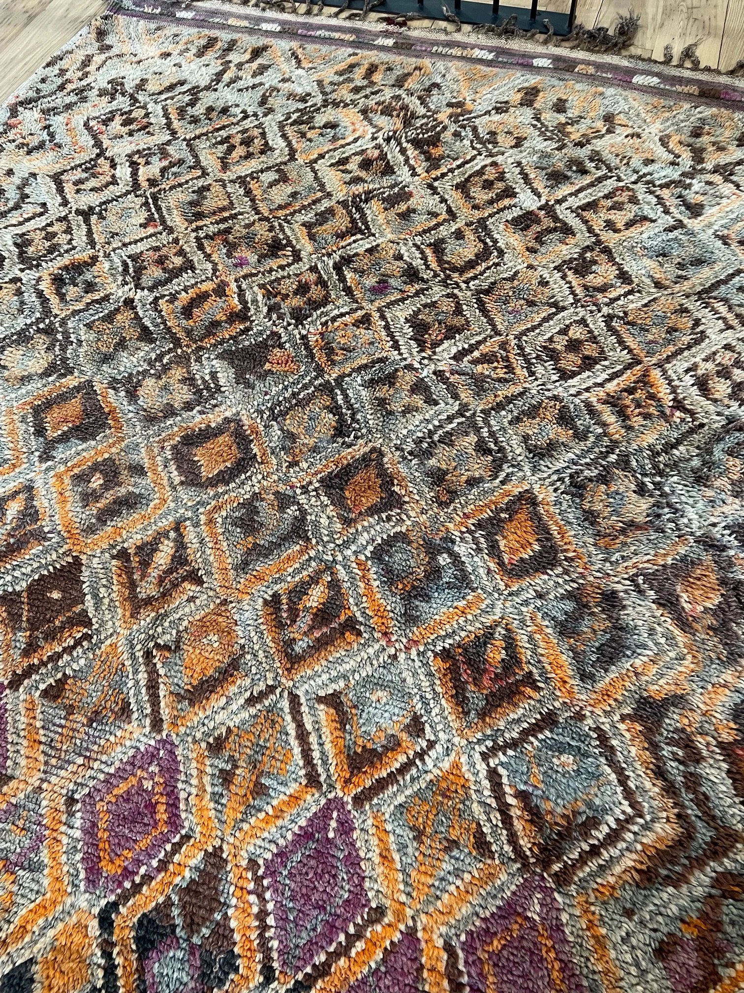 Vintage Talsint Moroccan Rug midcentury with purples navy orange geometric pattern 7x11