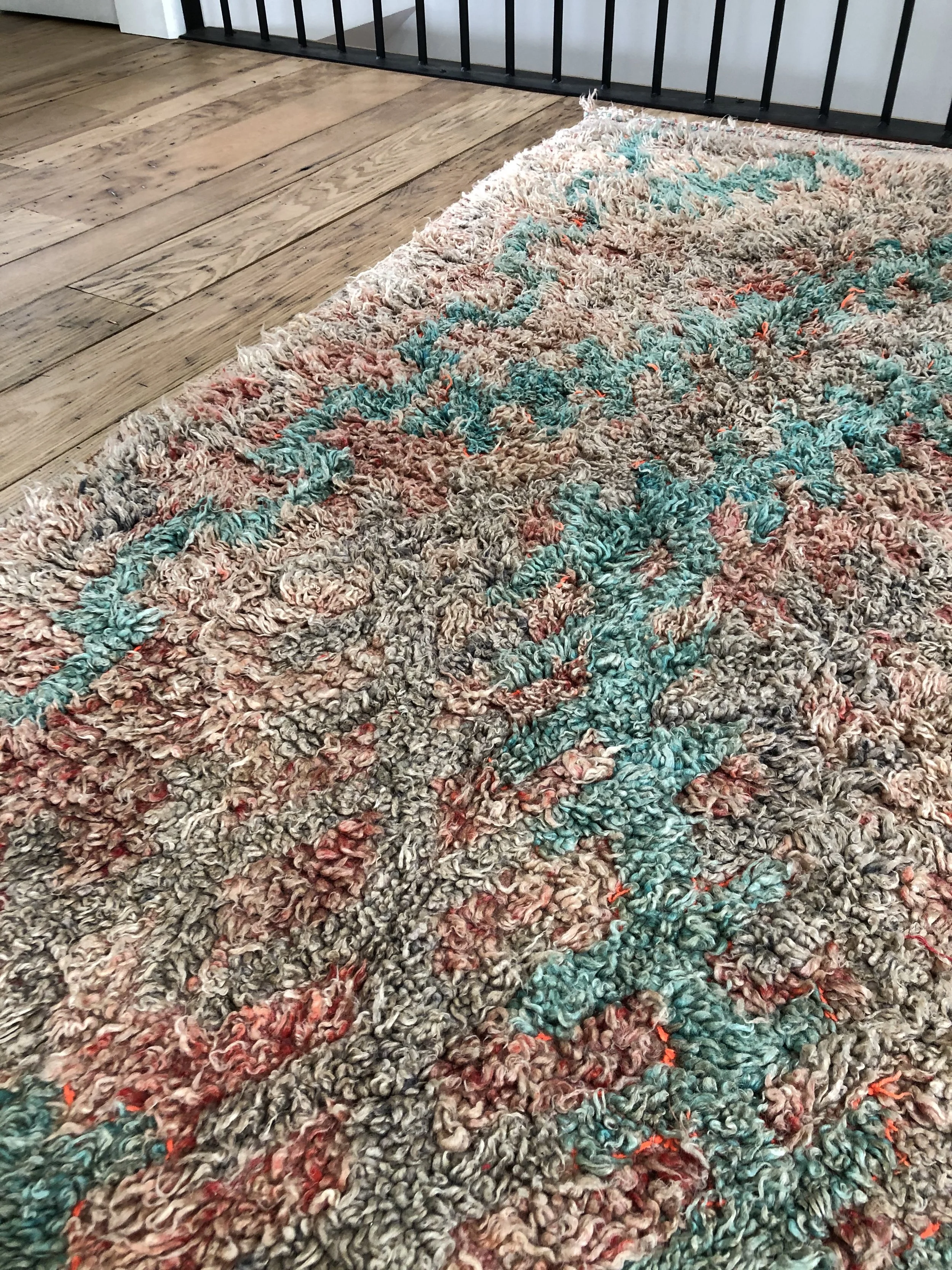 Vintage talsint shag moroccan rug with turquoise and peach 5x13