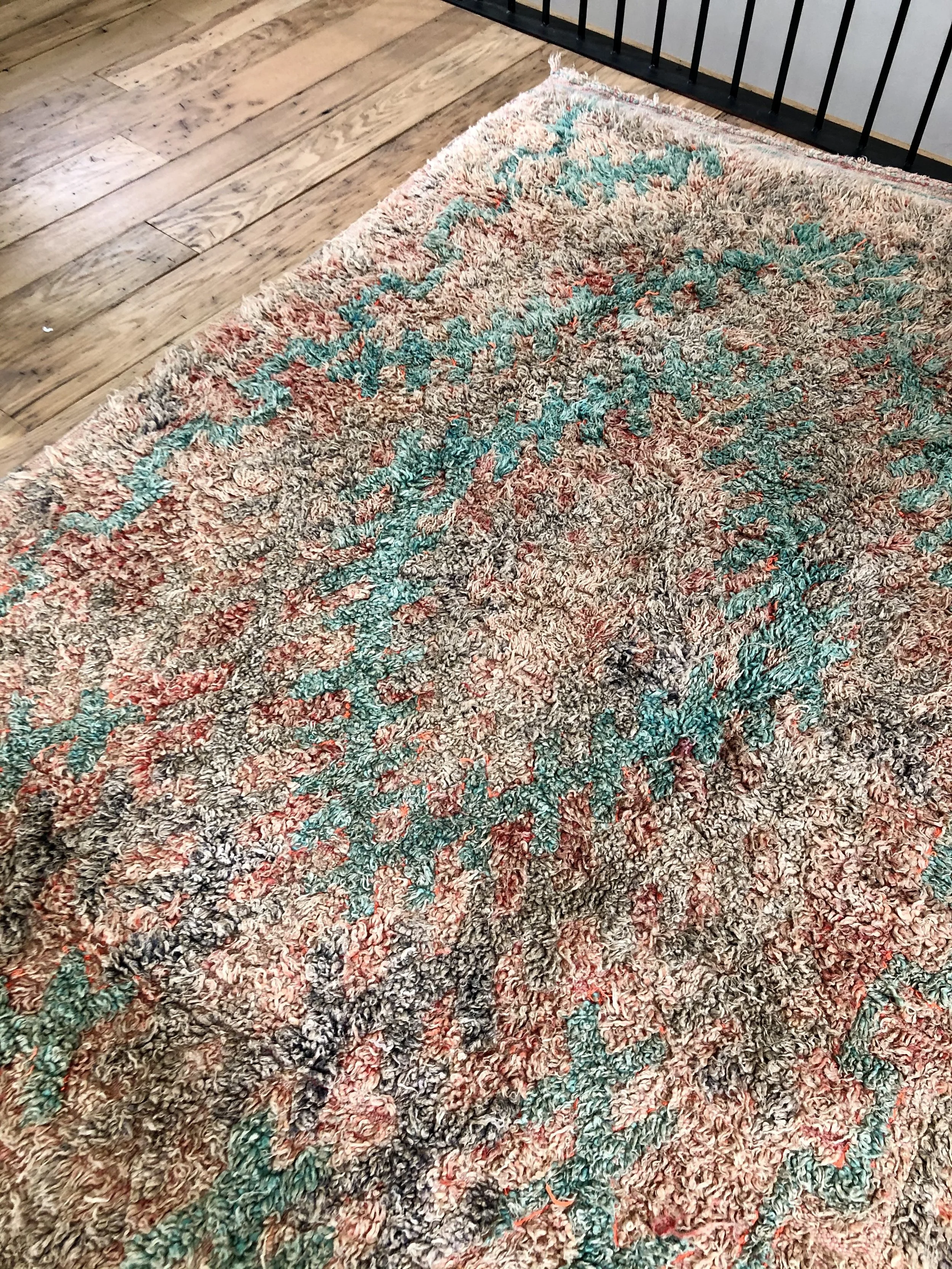 Vintage talsint shag moroccan rug with turquoise and peach 5x13