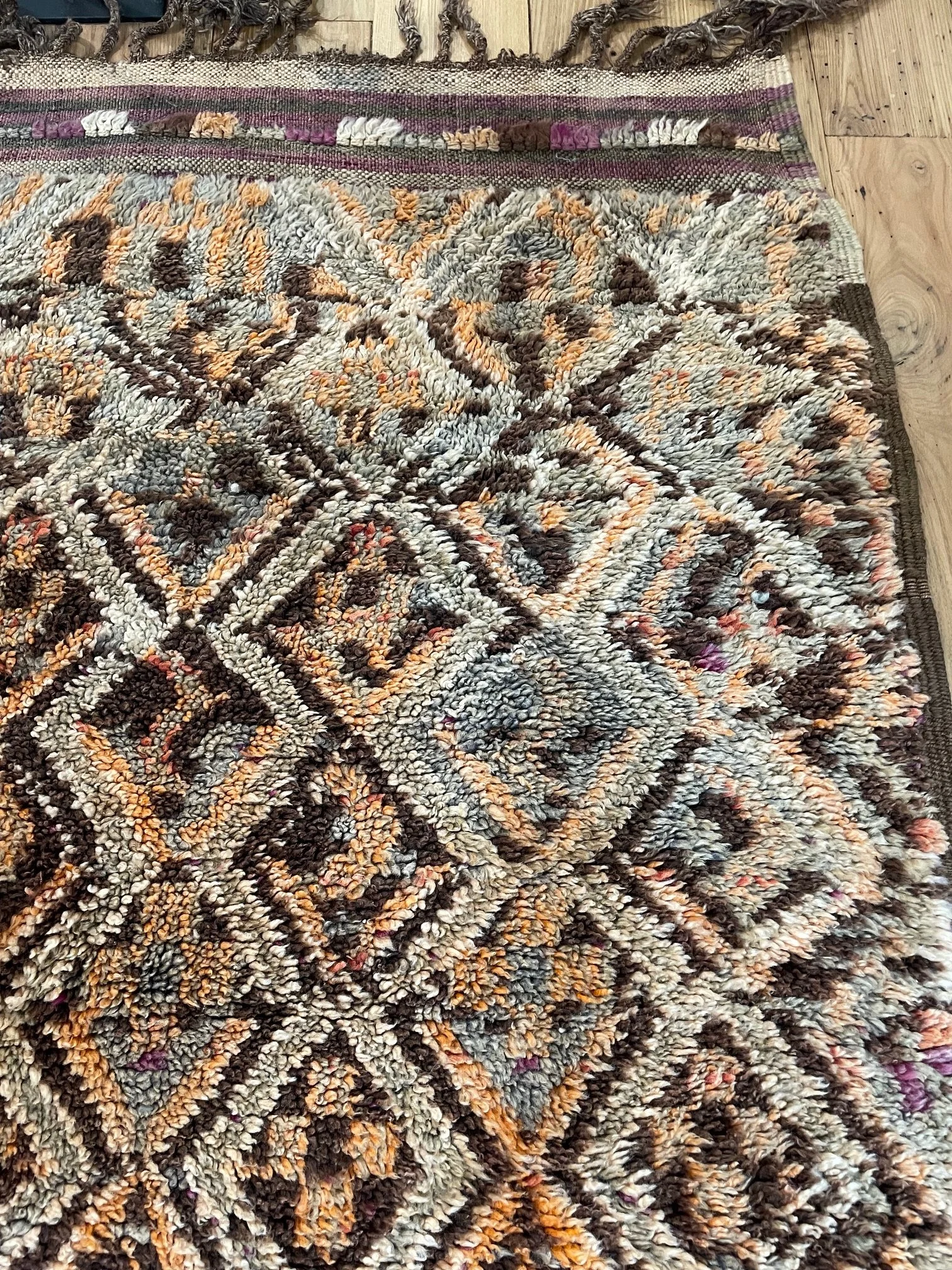 Vintage Talsint Moroccan Rug midcentury with purples navy orange geometric pattern 7x11