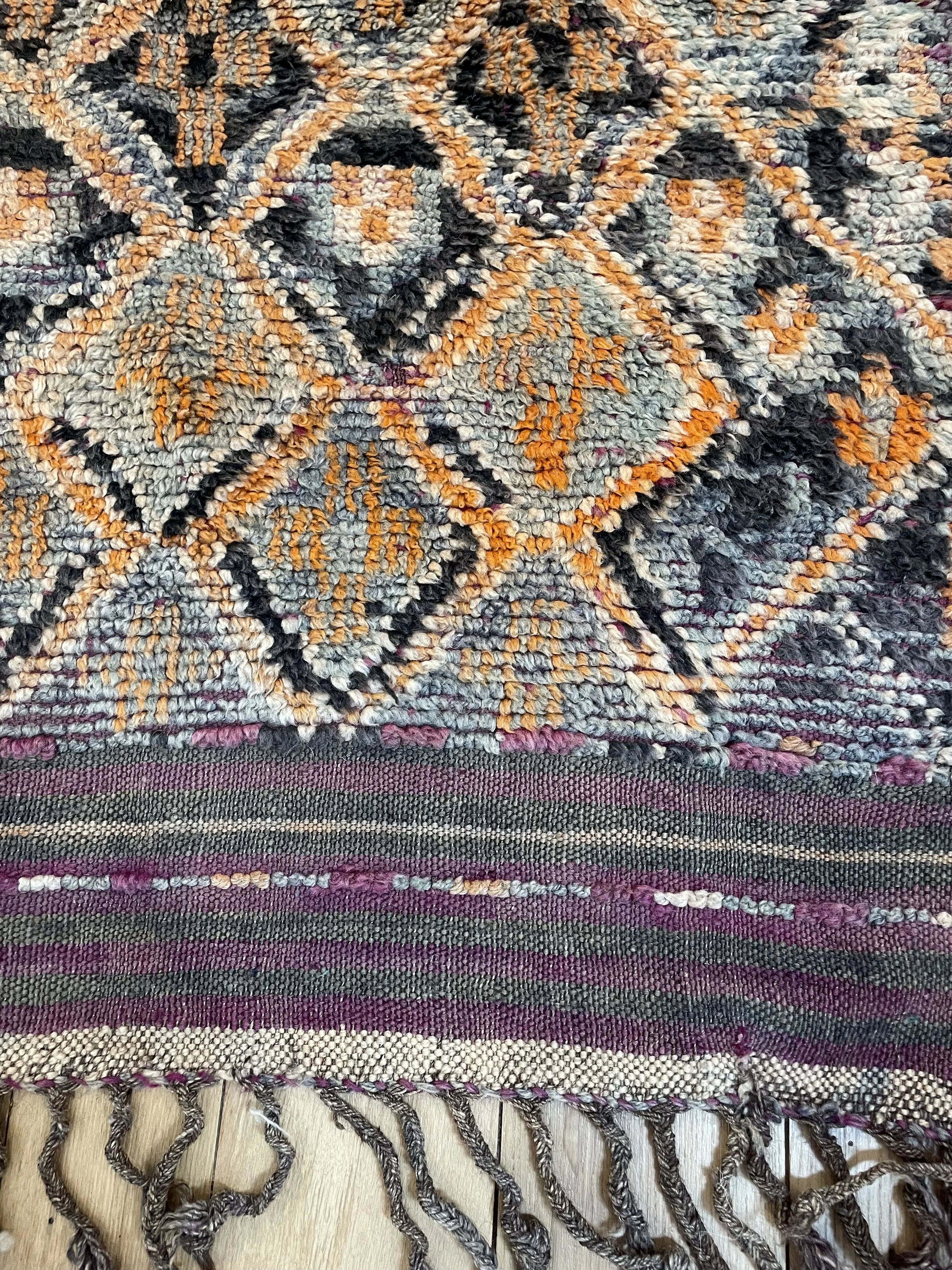 Vintage Talsint Moroccan Rug midcentury with purples navy orange geometric pattern 7x11