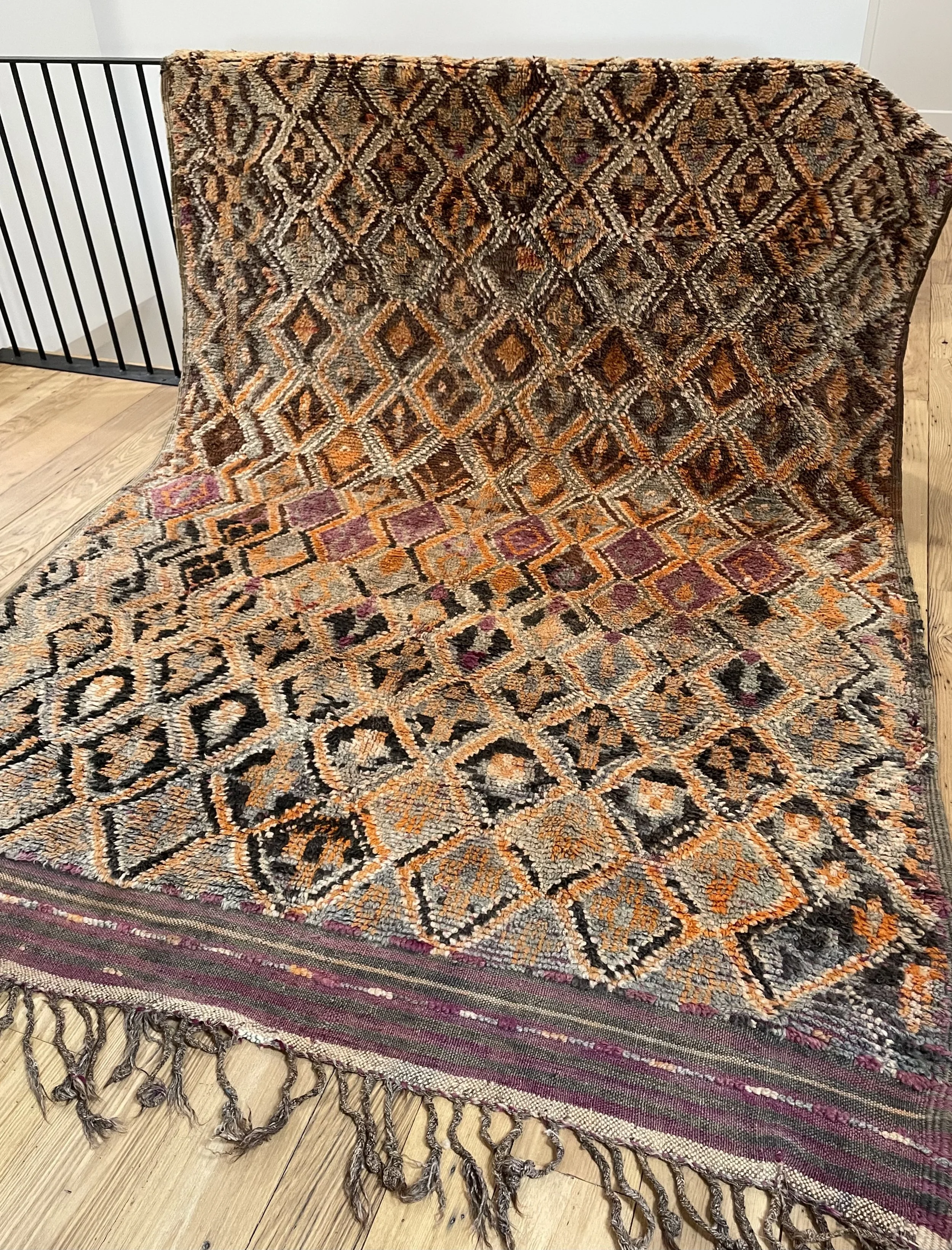 Vintage Talsint Moroccan Rug midcentury with purples navy orange geometric pattern 7x11