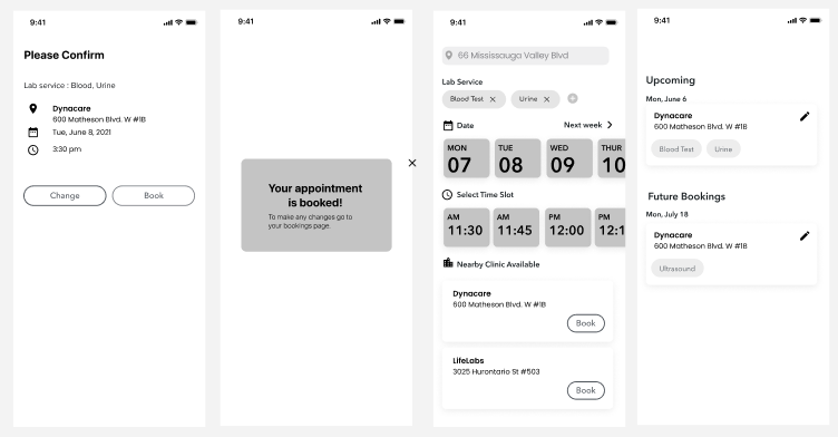 From each members ideas and our user flow, I used parts to create a wireframe. This shows the AI using personal information to suggest a time that fits your need, if not, a simplified flow to book within seconds.