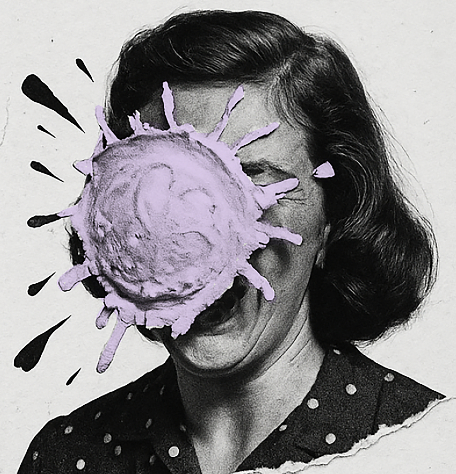 Black and white photo of a woman with dark hair, wearing a polka dot shirt. A large purple and black illustration of a virus partially covers her face, with some virus-like spikes extending outward.
