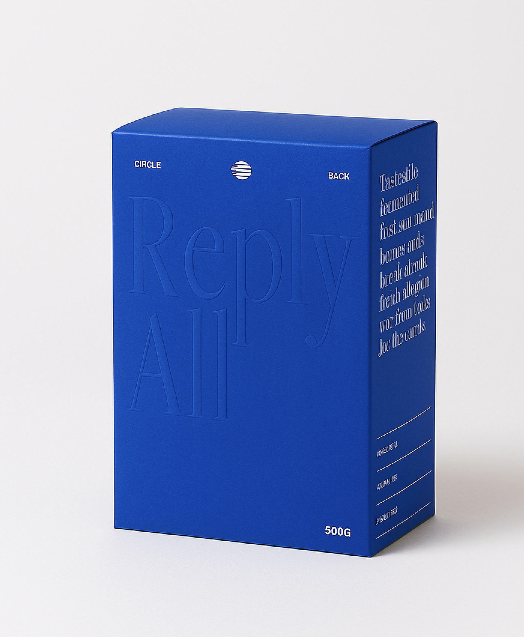 Blue package with embossed text 'Reply All' and small printed text on side.