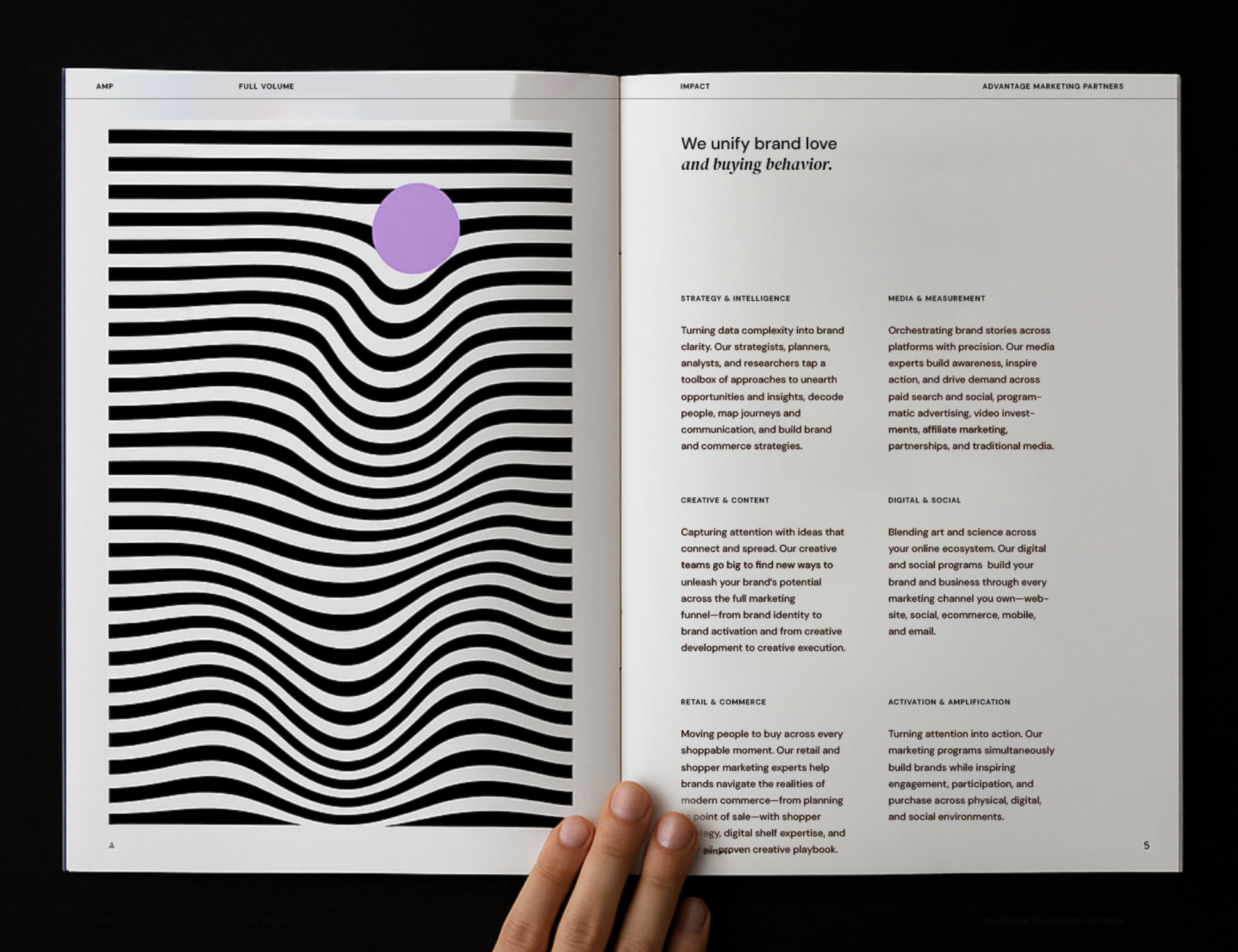 Open book with black and white wavy lines on the left page, and text about branding, marketing, and digital strategy on the right page.