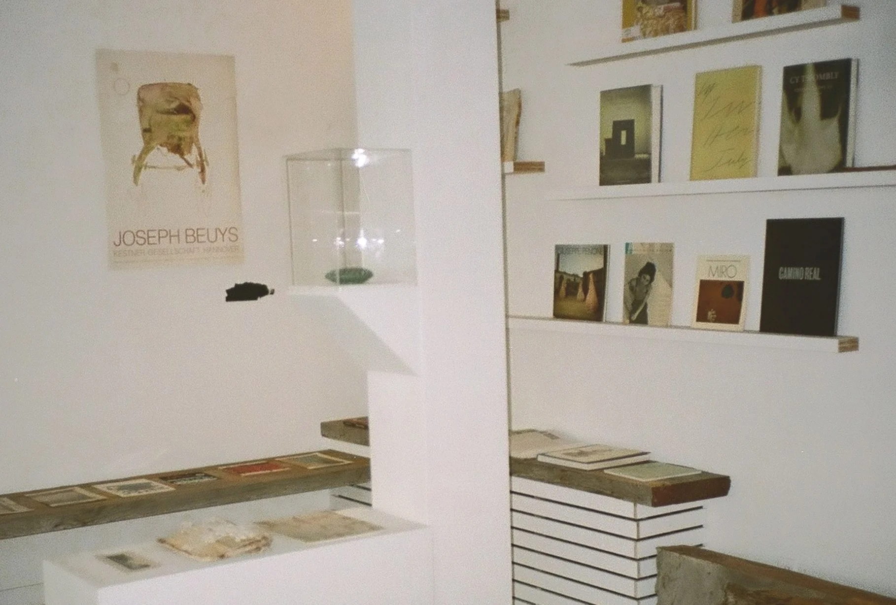 An art gallery with various books and art pieces displayed on shelves and tables, including a poster with a goat and text, a glass display case, and wooden benches with books on them.