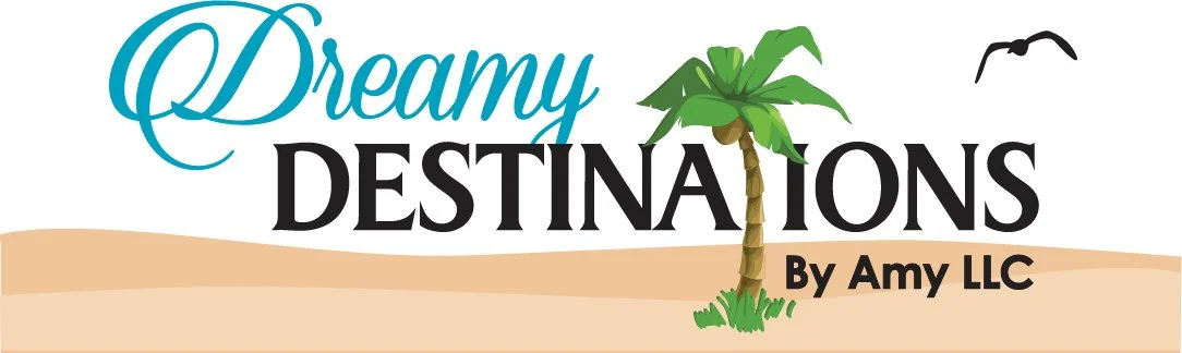 Dreamy Destinations By Amy LLC logo with teal and black script over a tropical beach scene featuring a palm tree.