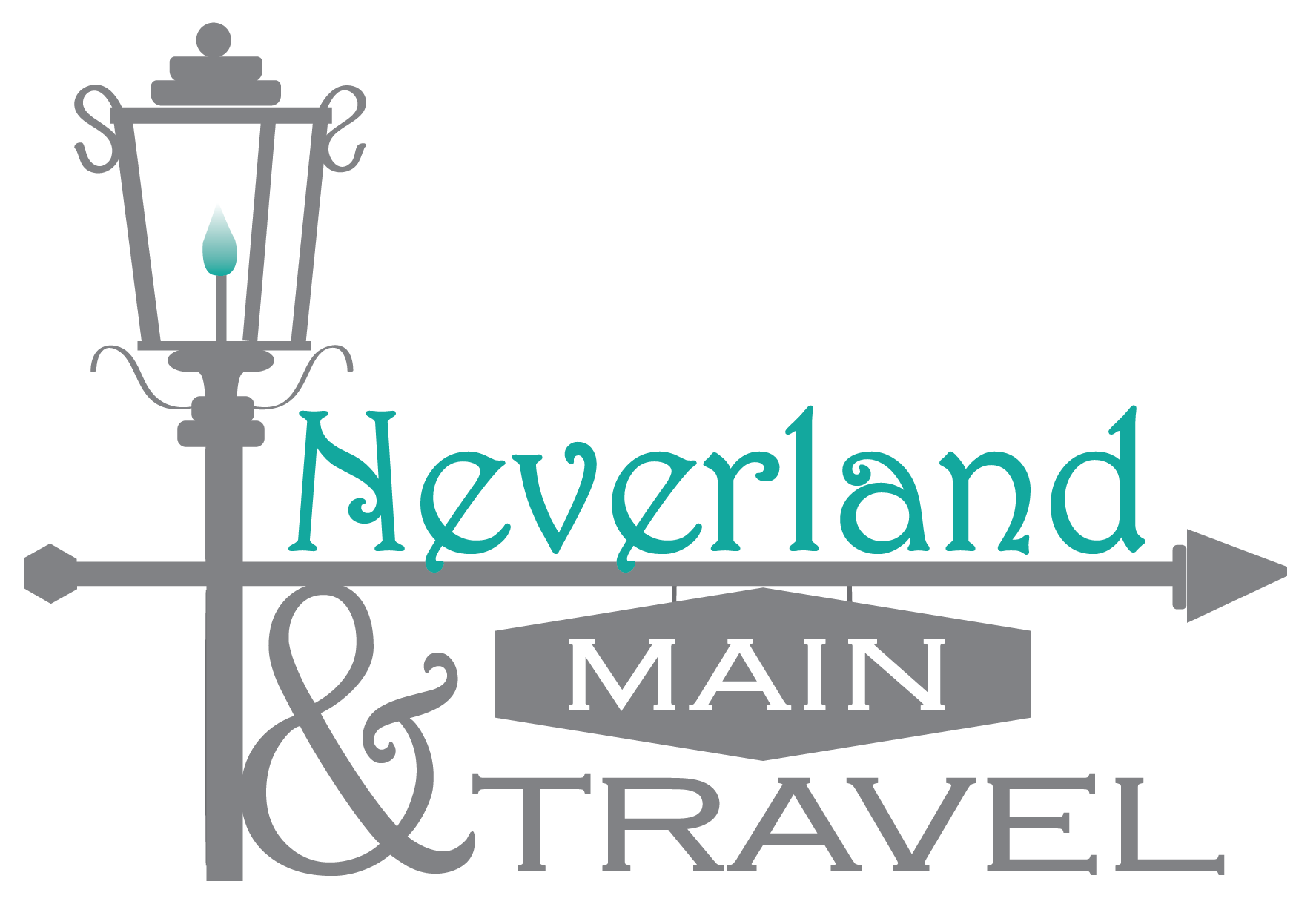 Neverland & Main Travel logo with a vintage-style street lamp, teal and gray color scheme, and layered typeface