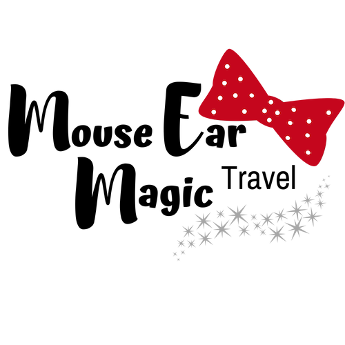 Mouse Ear Magic Travel logo with playful Disney-inspired font, a red polka-dot bow, and sparkling star trail