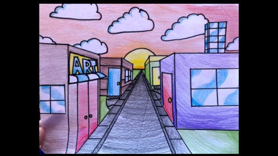 Students used 1-Point Perspective to create a town or city. They created three-dimensional buildings and added details according to the vanishing point (doors, windows, signs, etc.).