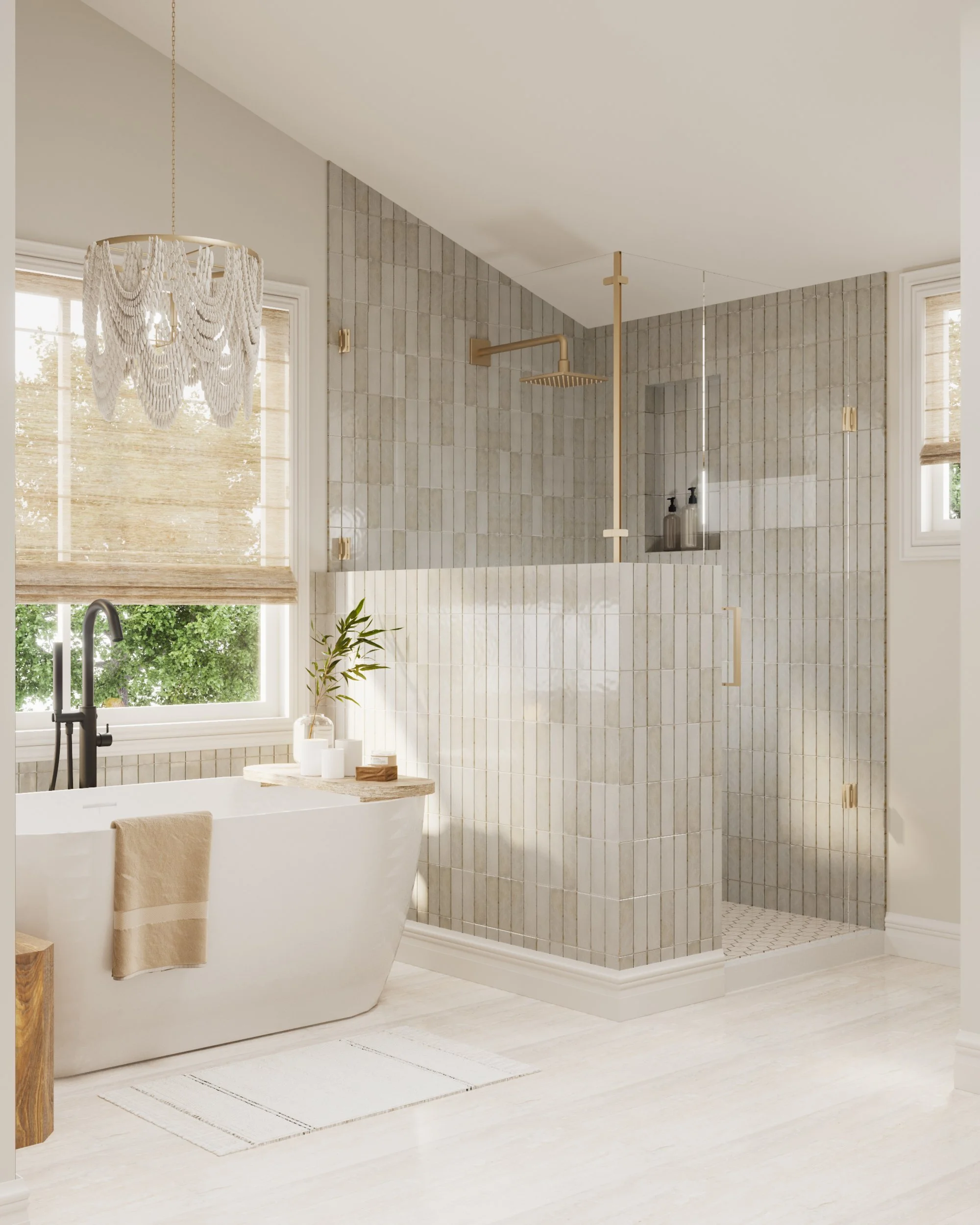 Modern bathroom with a freestanding bathtub, large window with blinds, and a shower area with tiled walls and a glass door.