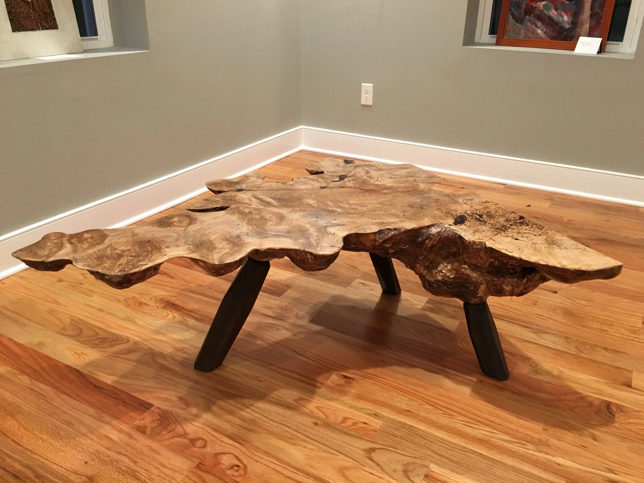 Live edge ambrosia maple burl coffee table with ebonized white oak legs
