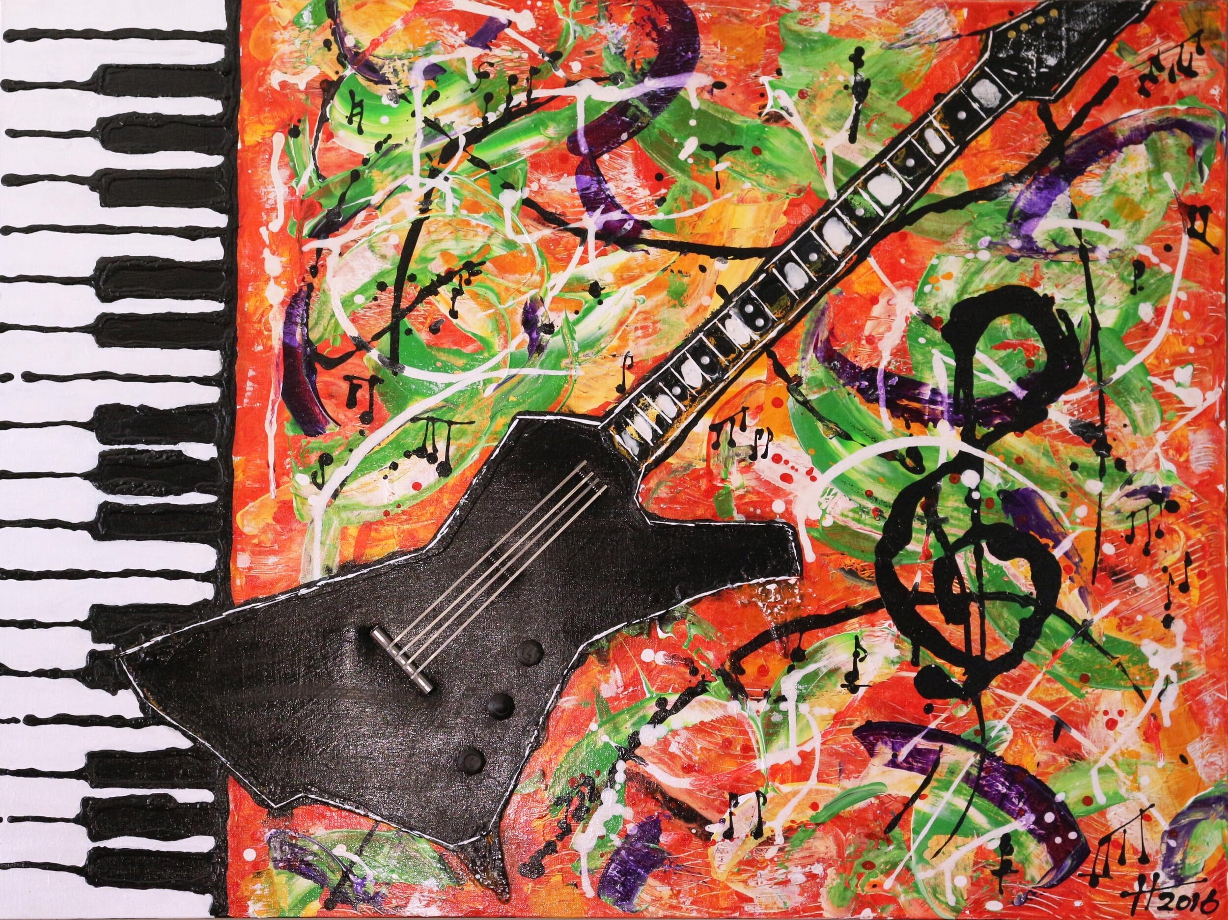 Black Magic. My first commissioned work. Draw me a guitar.
1020 x 760 mm.
Acrylic and mixed media on canvas.
2016. Private Collection Canberra, ACT