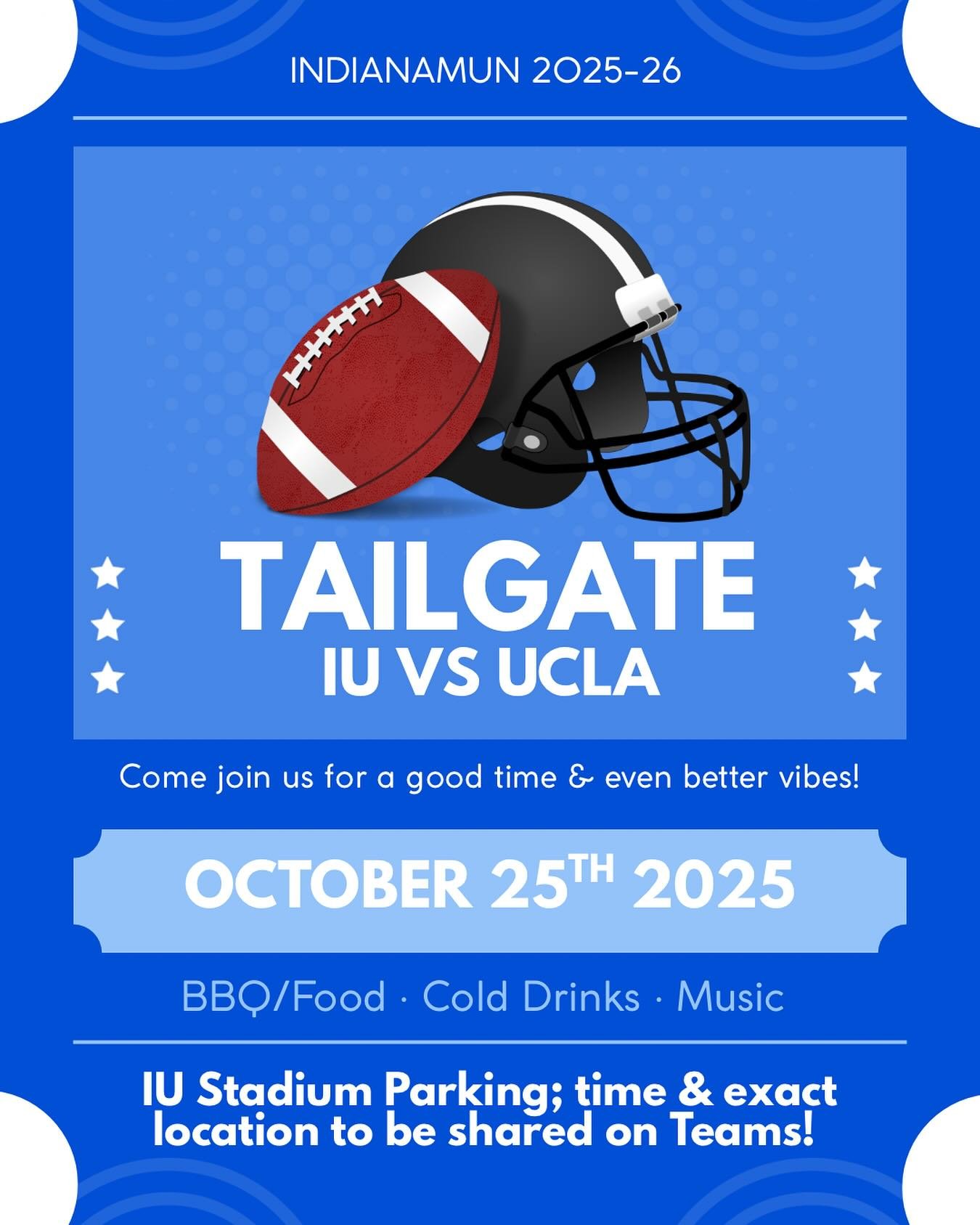 Tailgate alert! 🏈💙

IndianaMUN is hosting its annual tailgate this year for the IU vs UCLA game this month. It&rsquo;s going to be amazing music, even better food, and the best vibes! Show up &amp; support IU with us. 

Time &amp; location will be 