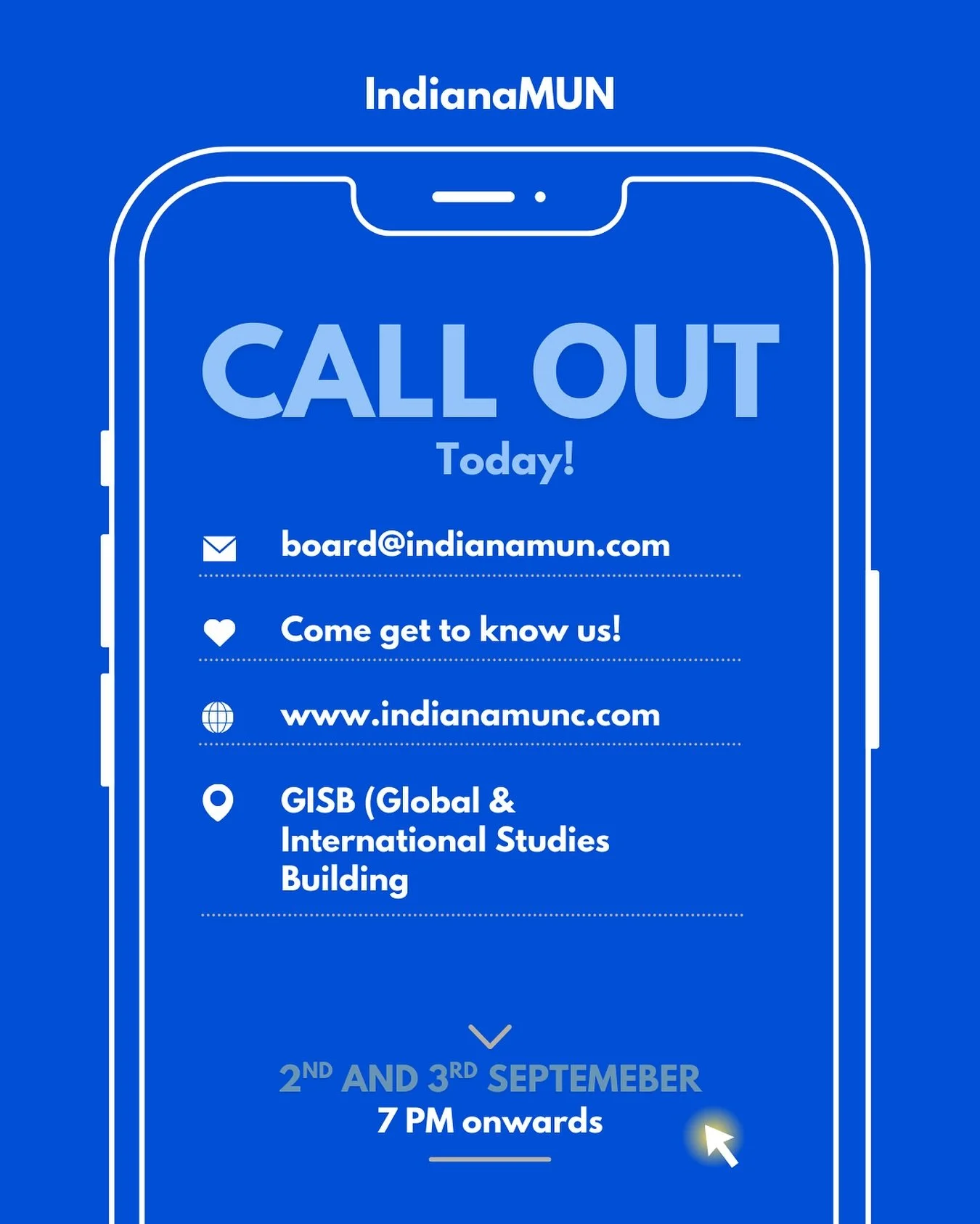 IndianaMUN Call-Out Meetings are happening TODAY and TOMORROW! 🩵🇺🇳

This is your chance to learn what Model UN is all about and how you can get involved with our team this year. From conferences to socials, there are so many ways to participate an
