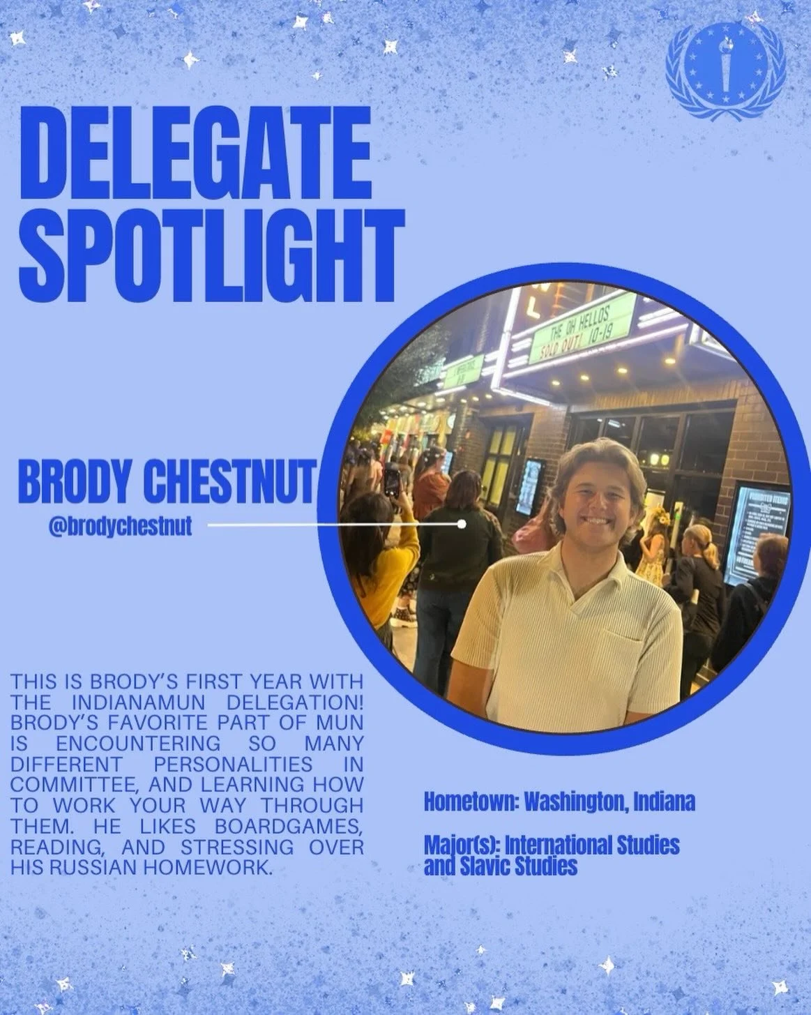 Introducing Brody! We are re-introducing our delegate spotlights for spring semester!🌎🏆