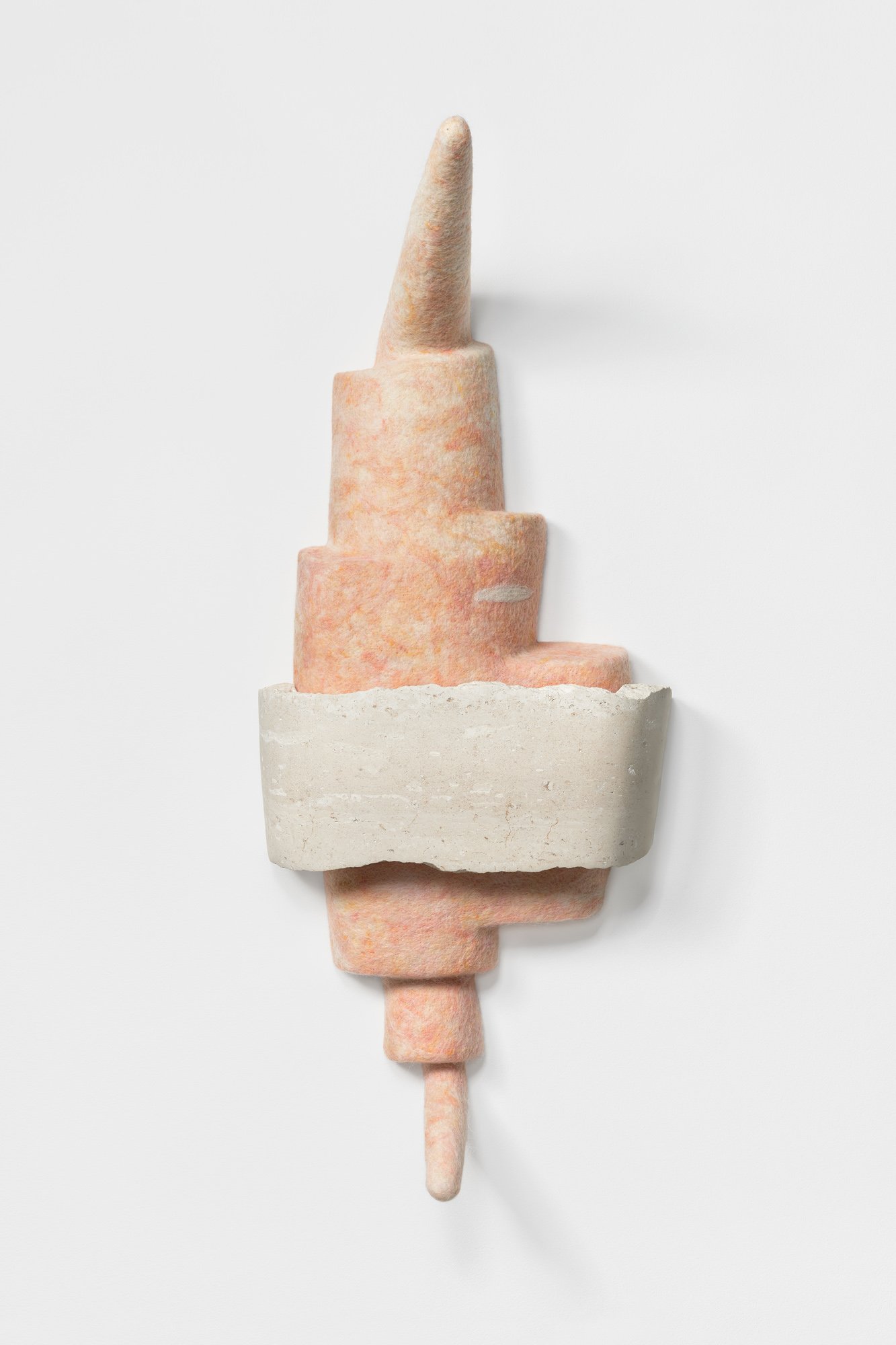 Spiritual Pursuits, 2022, reclaimed limestone and wool, 30 x 13 x 10 inches