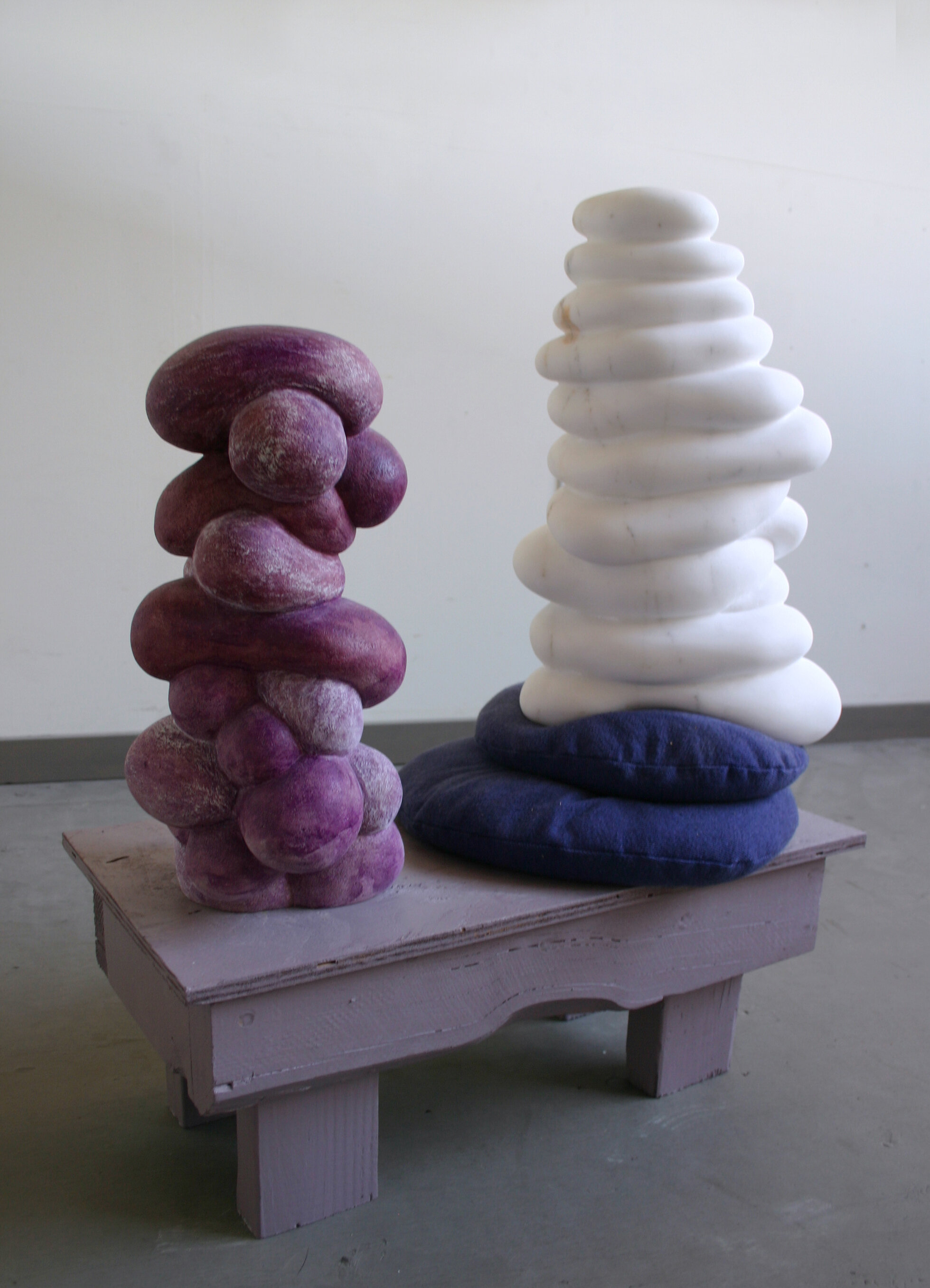 Three Shades of Purple, 2016, marble, limestone, fabric, paint, wood, sand, 27 x 25 x 14 inches