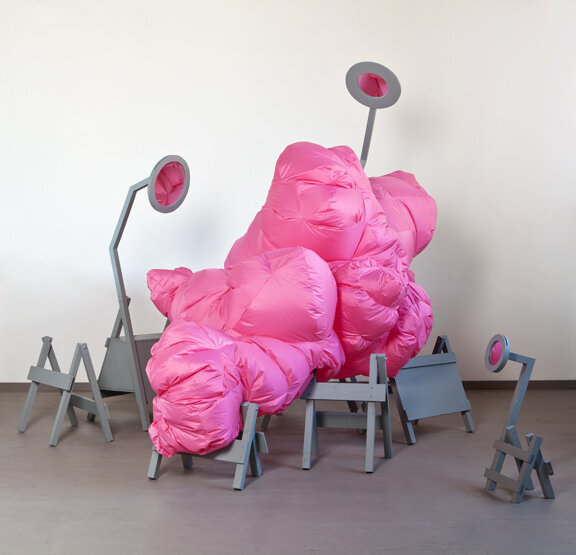 Pink Blob, 2012, wood, fabric, mirror, paint, blower, 98 x 120 x 96 inches