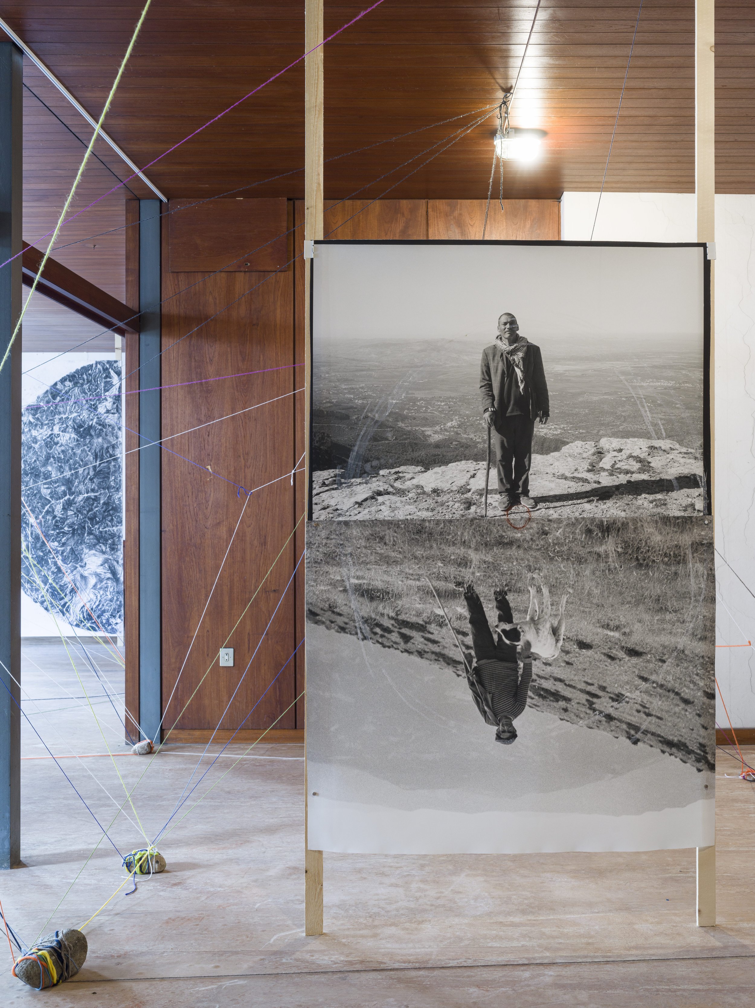Michael Höpfner,
Plateau-A Walking Life, 2024. Installation - Silver Gelatine Prints, Drawings, Collages, Yarn. Variable Dimensions.
Commissioned by Biennale Gherdëina 9. Supported by La Boîte, Tunis. Photos by Tiberio Sorvillo