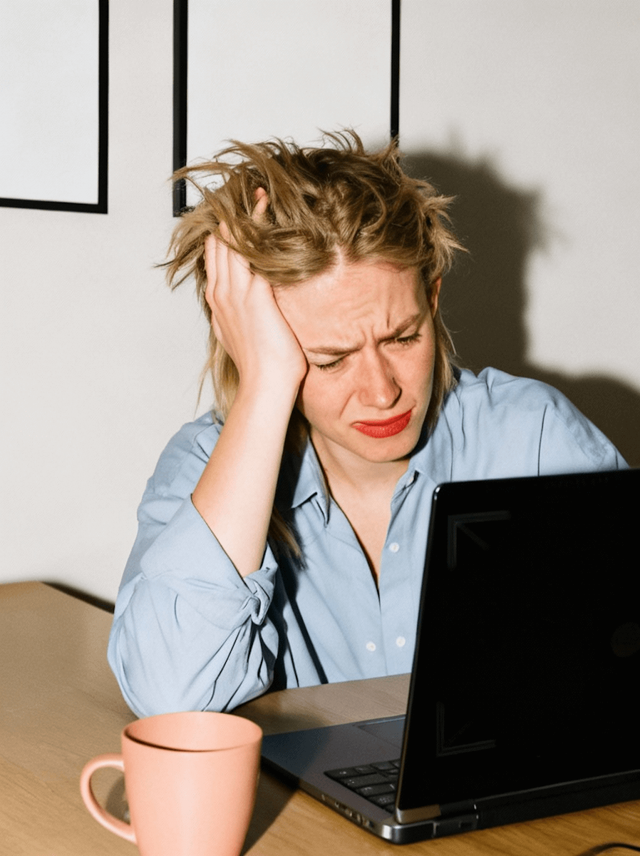 A frustrated woman sitting at her laptop