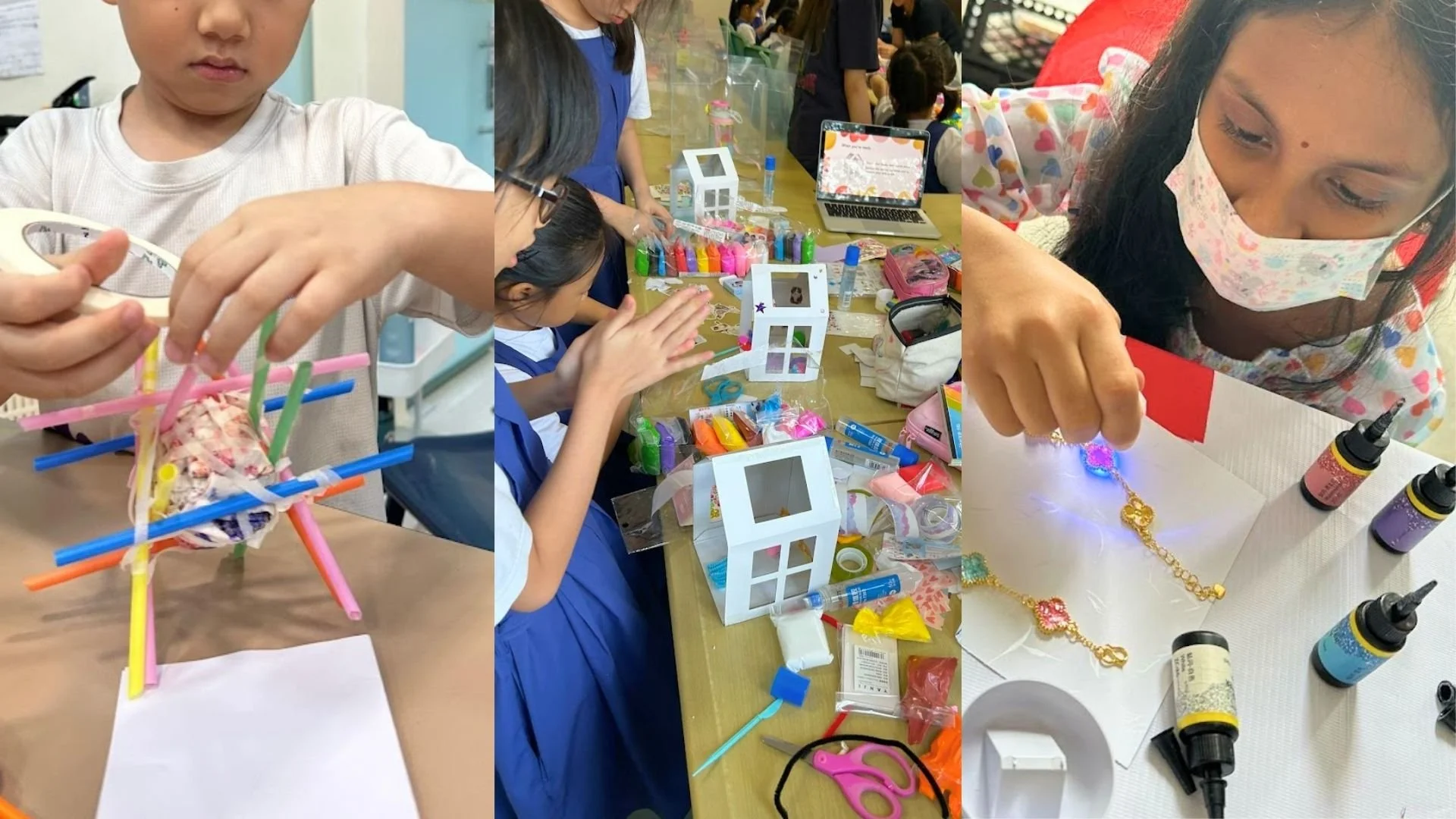 Children engaged in hands-on STEM and art activities during a creative learning workshop in Singapore