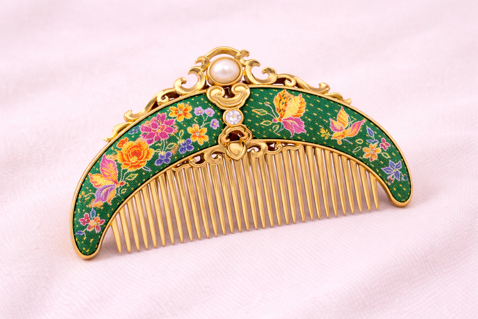 Batik-inspired decorative hair comb with floral motif and gold finish