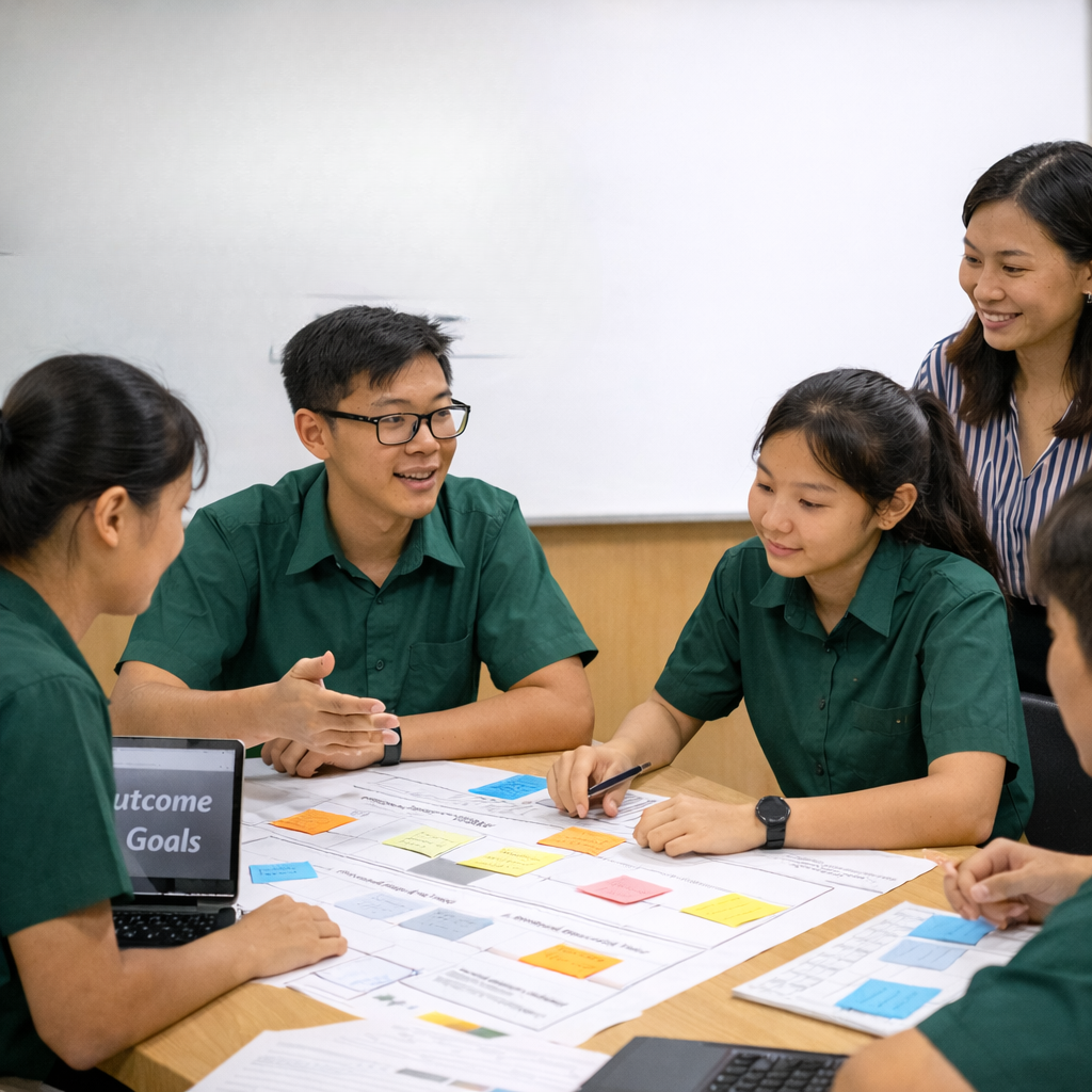 Student leadership team participating in VIA Redesign Lab using structured impact systems design tools in Singapore school