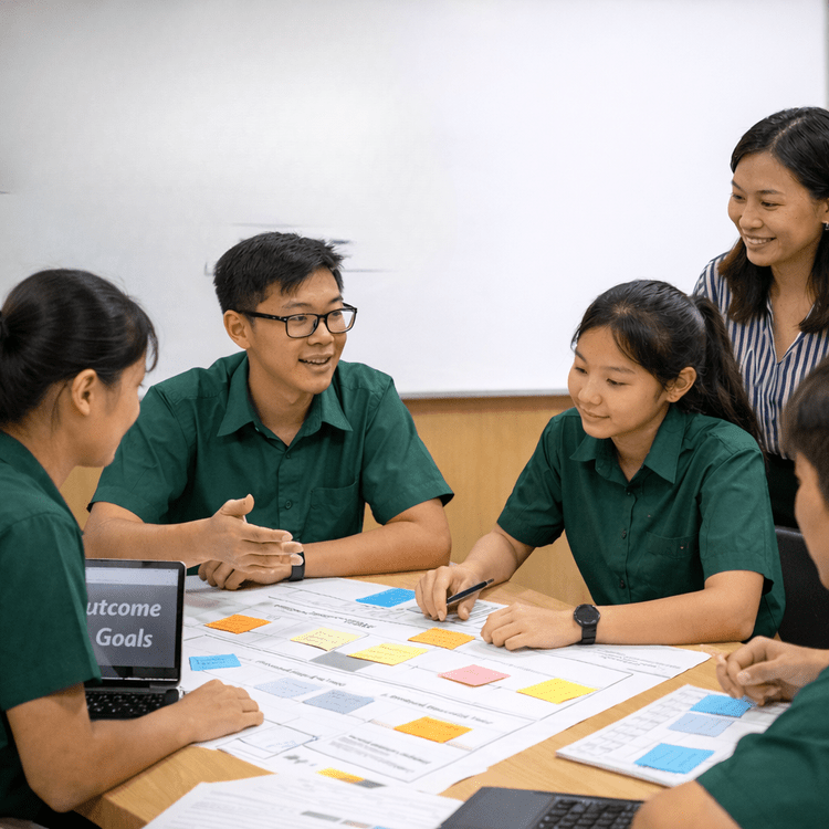 Students learning design thinking and student leadership through a VIA redesign lab in Singapore