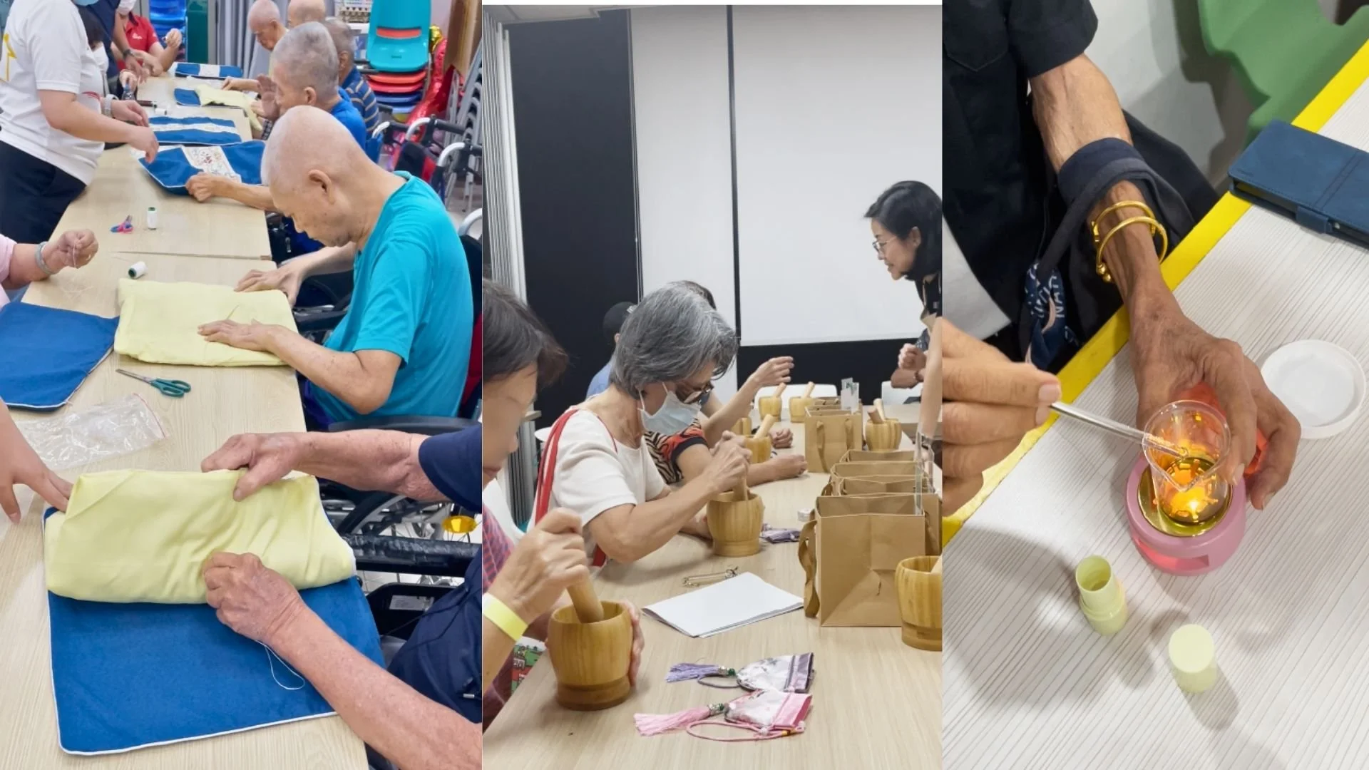 Seniors making practical herbal wellness products they can use during a hands-on workshop in Singapore