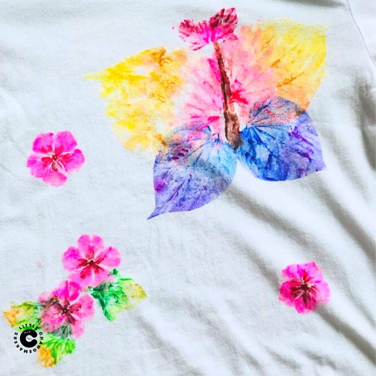 Fabric print artwork with colourful leaf and flower prints created by students