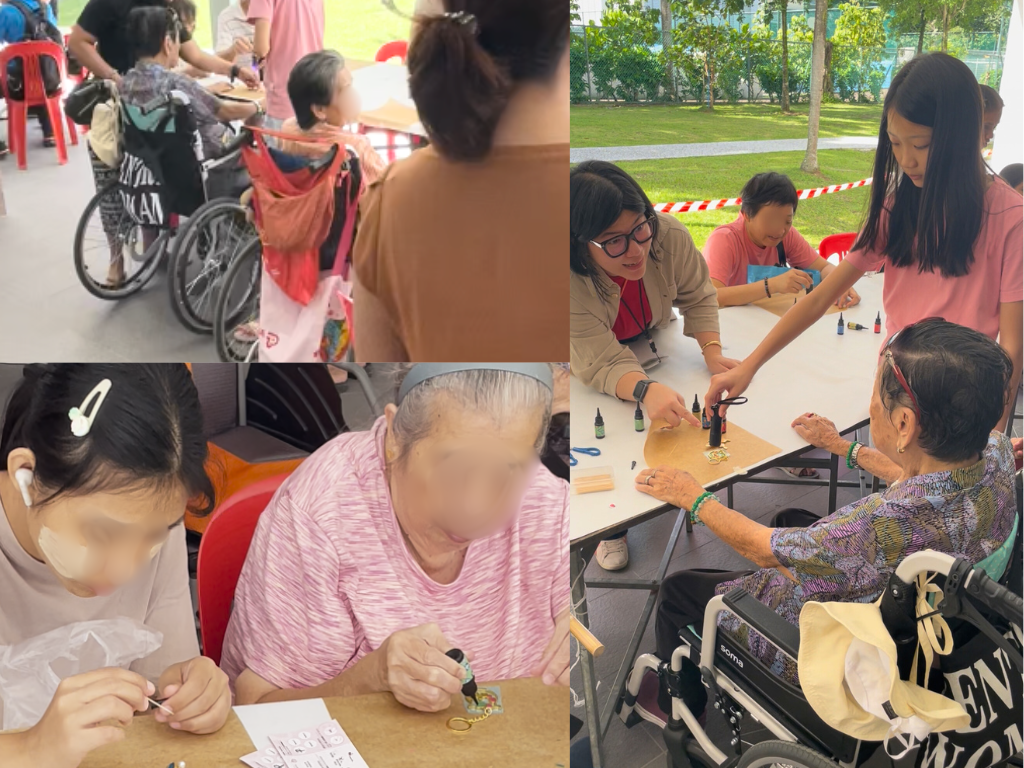 caregiver and senior crafting resin art at block party