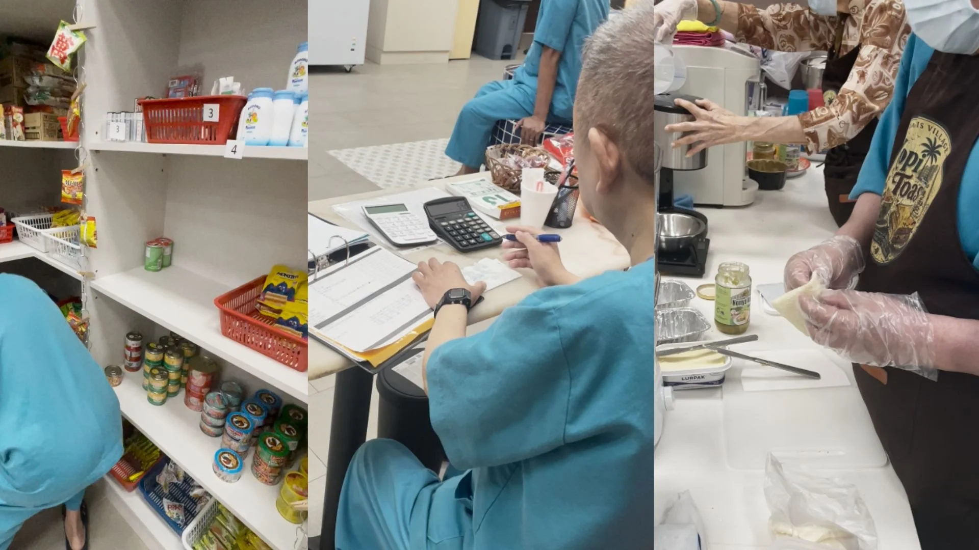 Senior residents take on practical roles in the mini-mart and kopitiam, from restocking and handling simple transactions to preparing and serving food, turning everyday routines into opportunities for contribution, confidence and purpose.