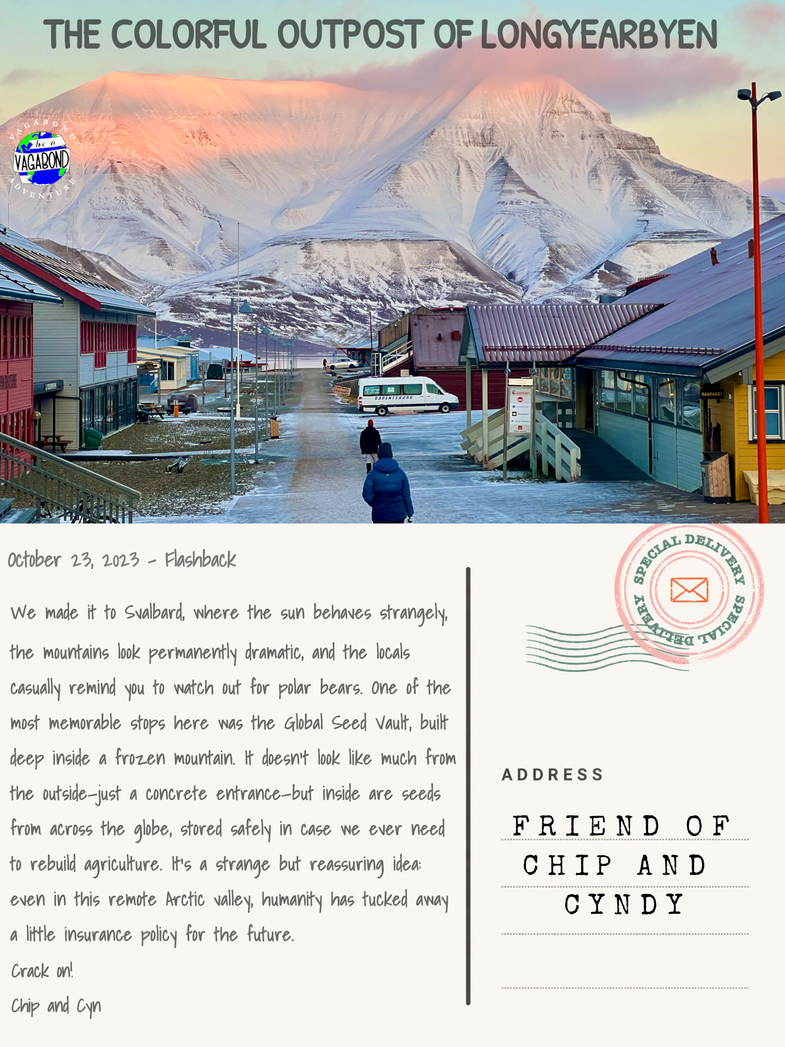 A postcard with text describing Longyearbyen and the Global seed vault. The image shows the town of Longyearbyen with a snowy mountain in the background.