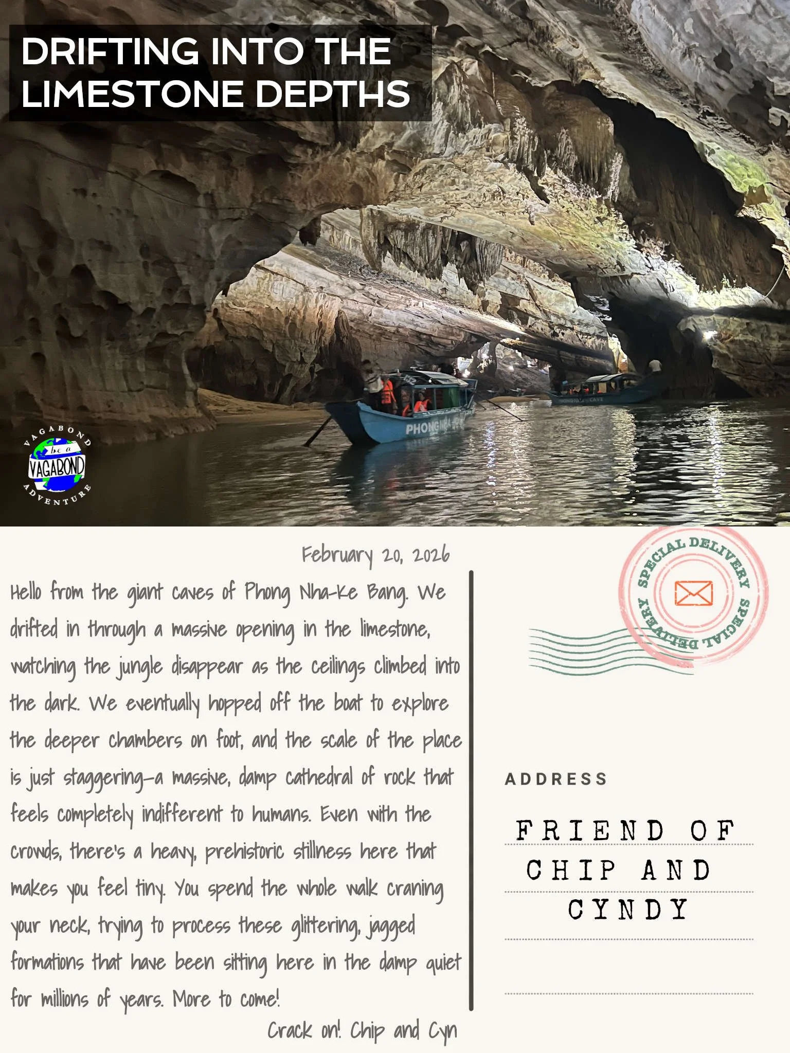 postcard of limestone cave with a small bowed being rowed into a barely lit cavern. The bottom half of the image has postcard text from the caves.