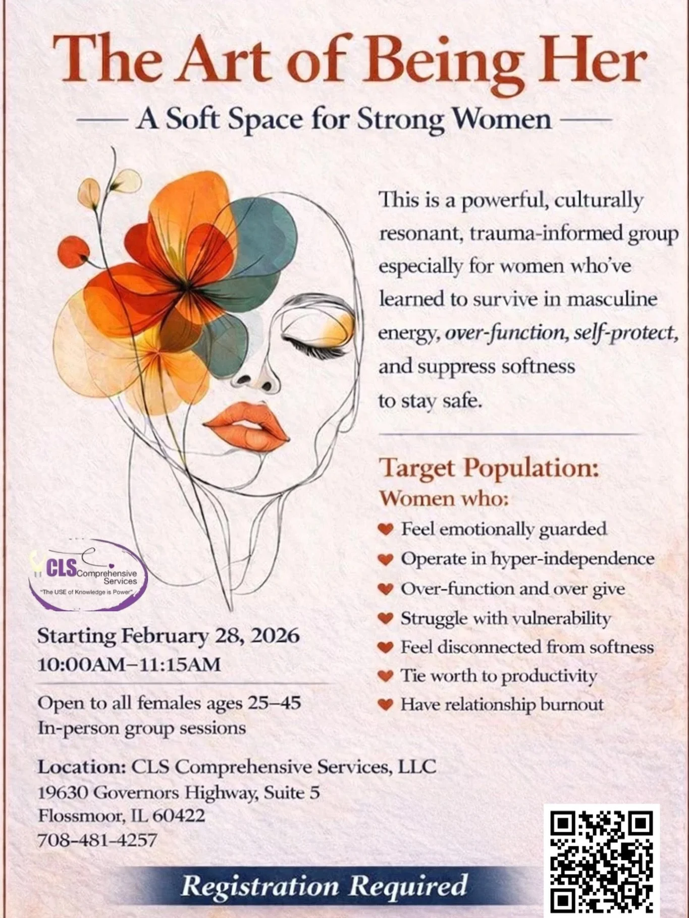 Strong. Capable. Reliable. And quietly tired.

The Art of Being Her is a therapist-facilitated, in-person support group for women who are ready to slow down and explore who they are beyond constant responsibility and self-reliance.

This six-week gro