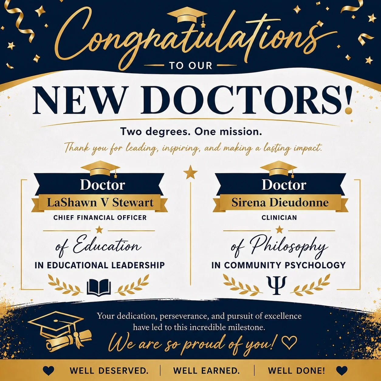 Please join us in celebrating two incredible accomplishments within the CLS Comprehensive Services family! 🎓✨

Congratulations to our CFO, LaShawn V. Stewart, on earning his Doctor of Education in Educational Leadership, and to our Clinician, Sirena