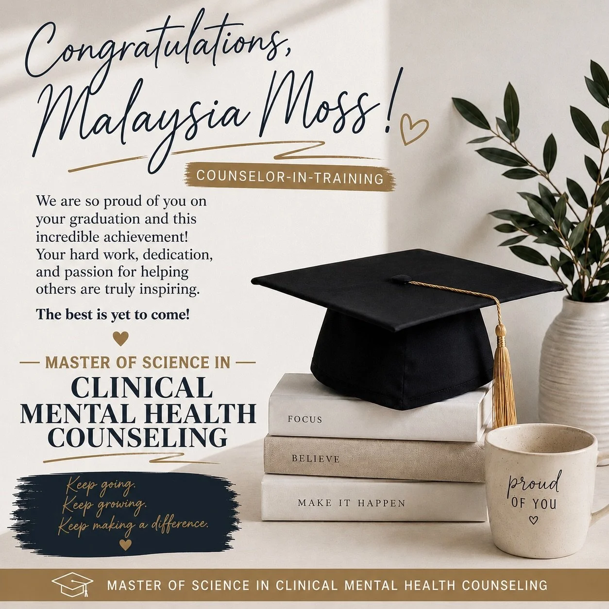 Today we are shining a spotlight on Malaysia Moss, our Counselor-In-Training, as she celebrates earning her Master of Science in Clinical Mental Health Counseling. 🎓

This milestone marks an important step in her counseling journey and reflects the 