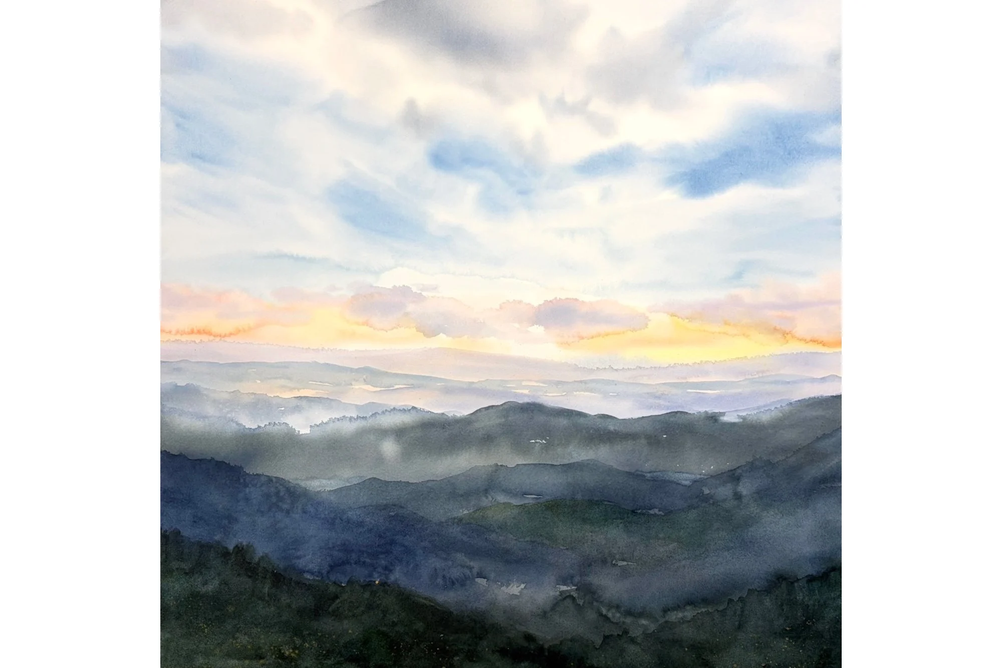 As the Sun Goes Down, 20" x 20" watercolor paper on panel, framed