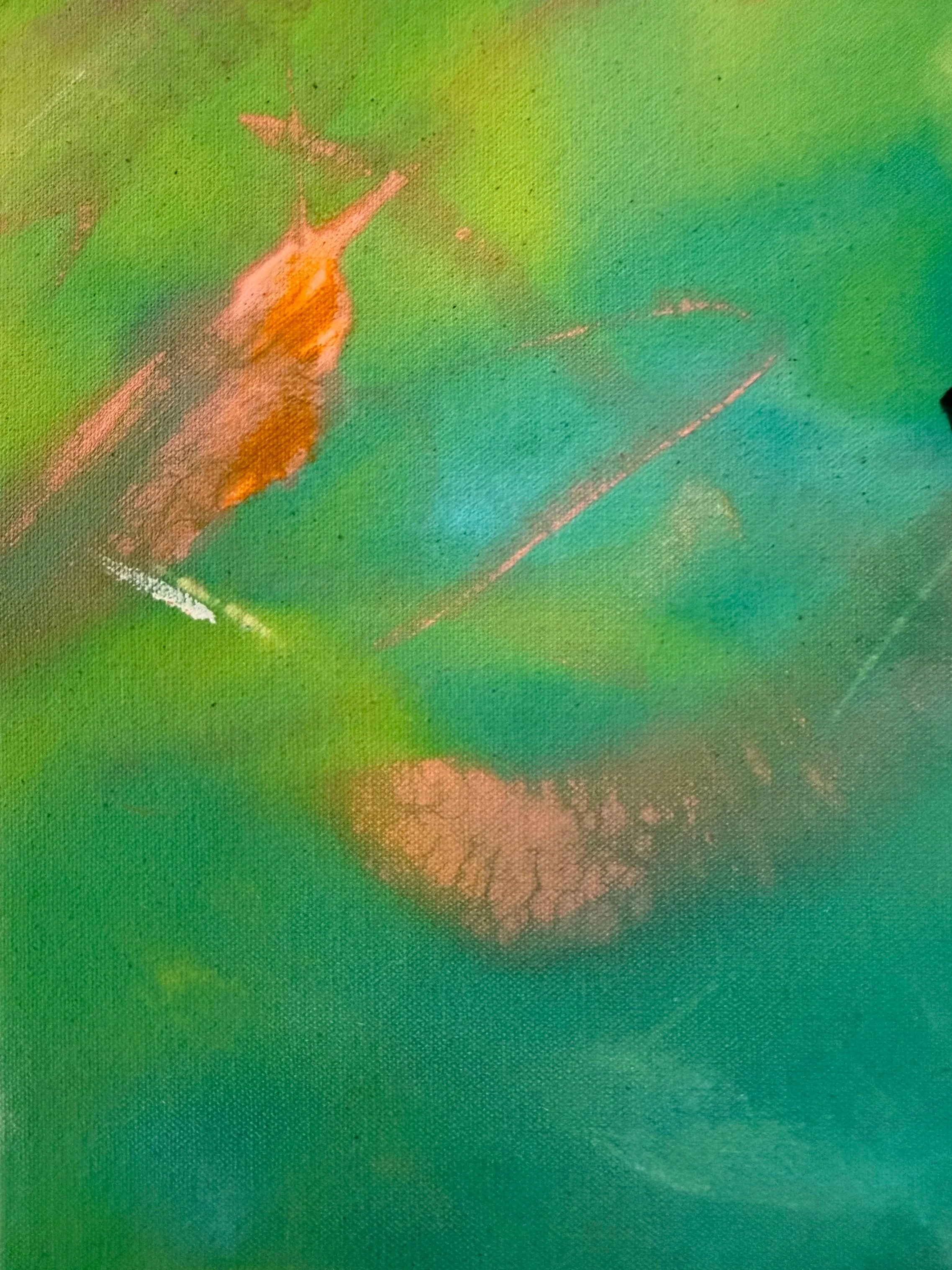 abstract orange marks on yellow-green and blue-green field