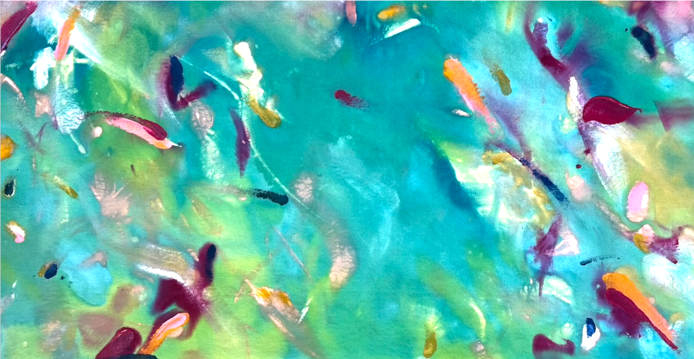 Abstract painting with vibrant splashes of blue, green, pink, yellow, and purple colors.
