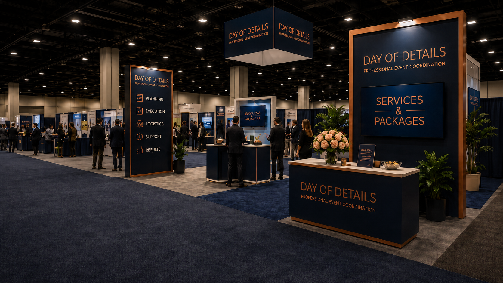 Trade show booth with signs reading "Day of Details" and "Services & Packages," featuring professionals engaging with visitors in a spacious, well-lit convention center.