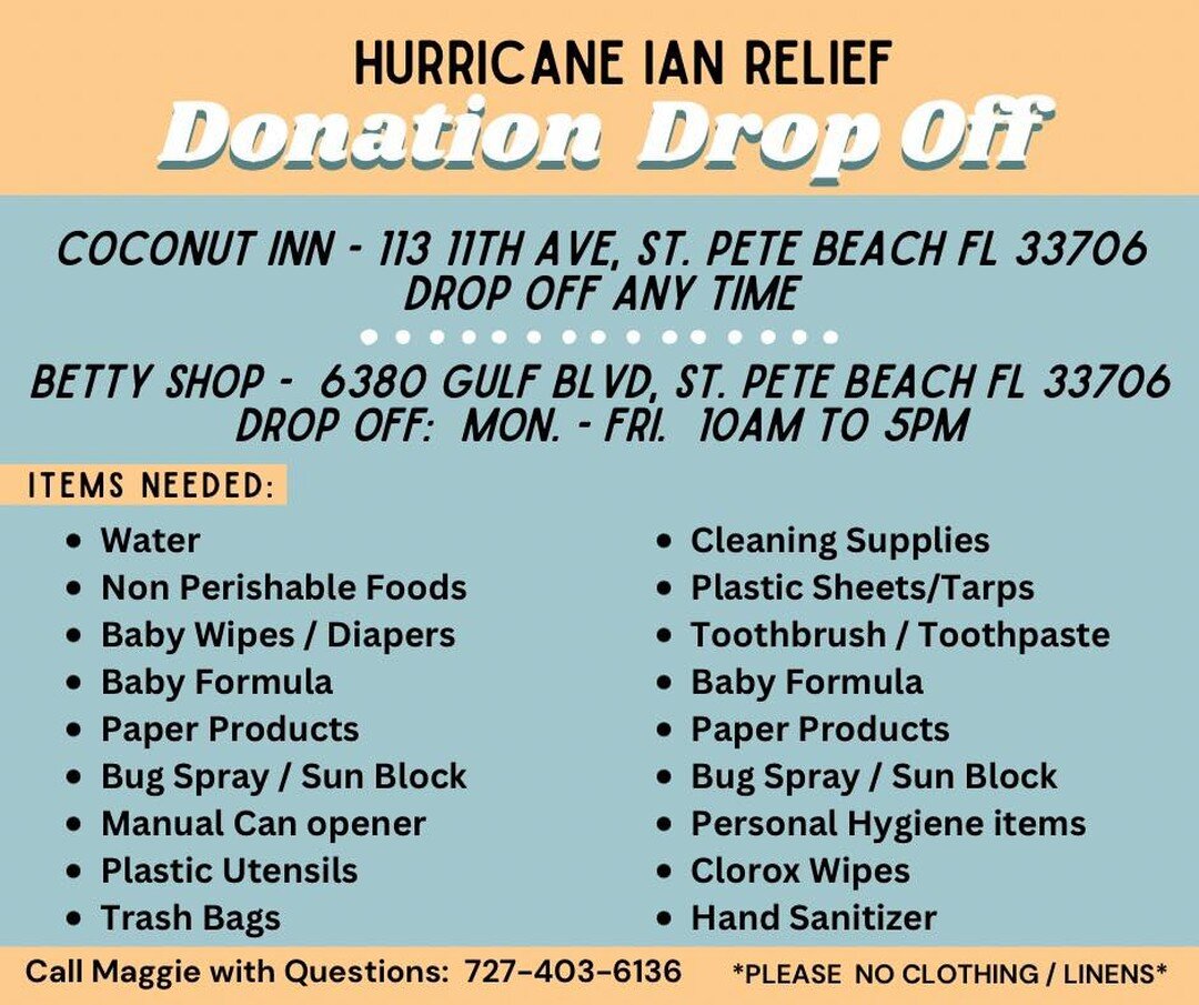 Still collecting supplies and donations for Fort Myers and surrounding areas! Additional items requested by ground forces:
- Long lighters
- Coolers
- Propane tanks
- Batteries
- Candles
- Flashlights
- Charcoal
- Charcoal lighter fluid 

SO much is 