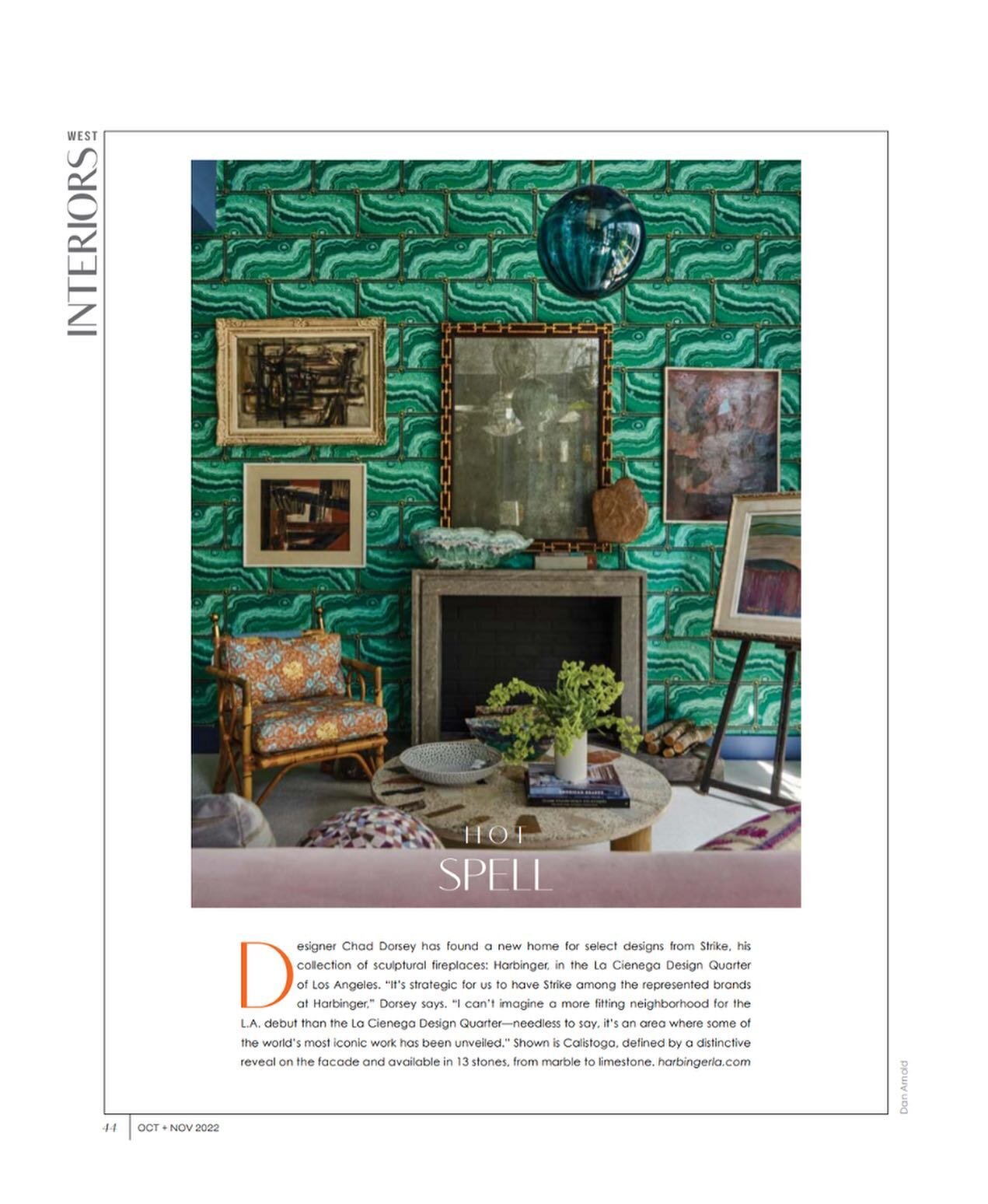 Hot Spell. Designed by @chadcalebdorsey with a distinctive reveal on the facade, the Calistoga @___s_t_r_i_k_e___ fireplace has found a new home at Harbinger Los Angeles in the La Cienega Design Quarter. Interiors magazine features the bespoke mantle