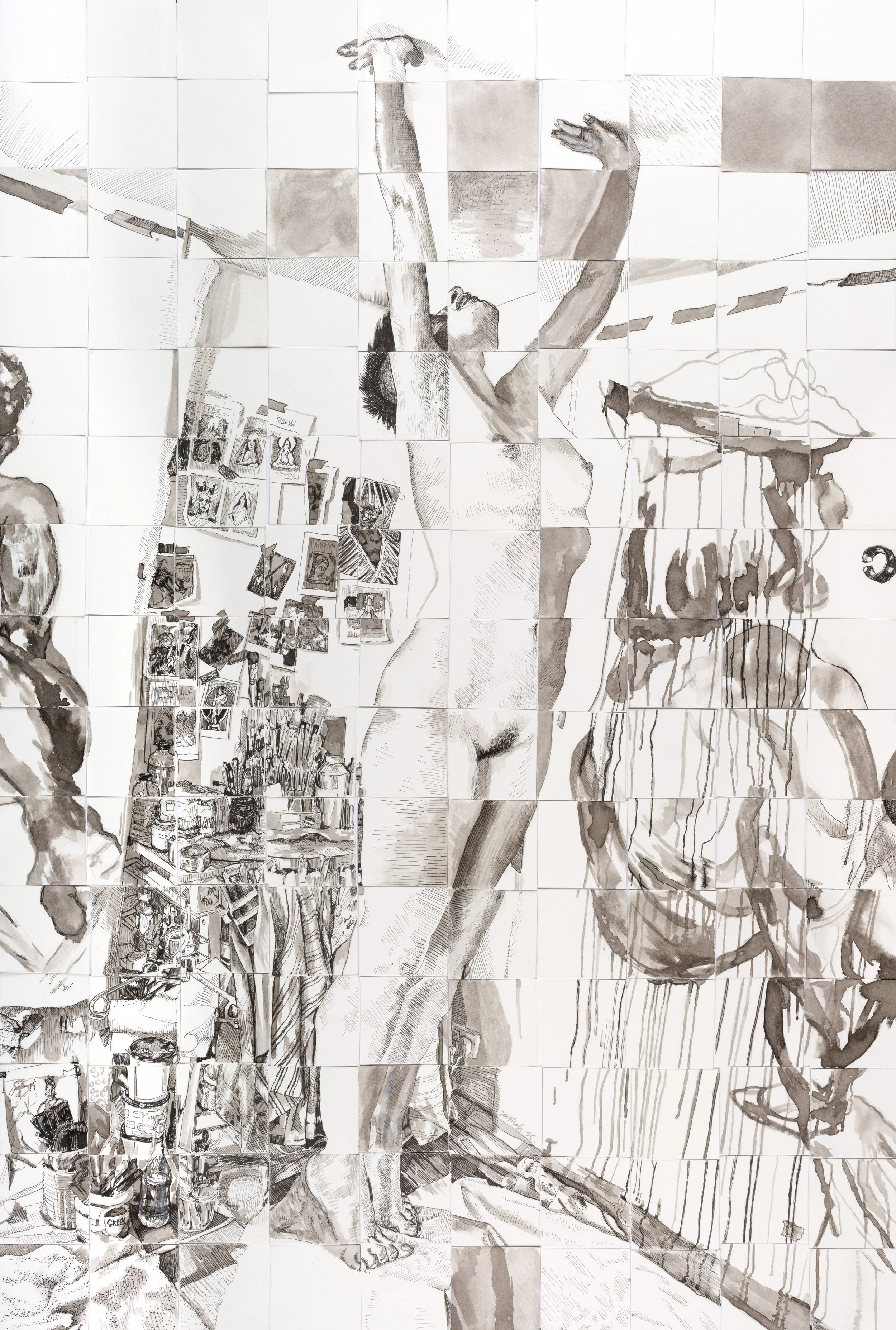 "When i was a child, i never knew enough"
ink on paper tiles, 2025,
61 x 42 cm
