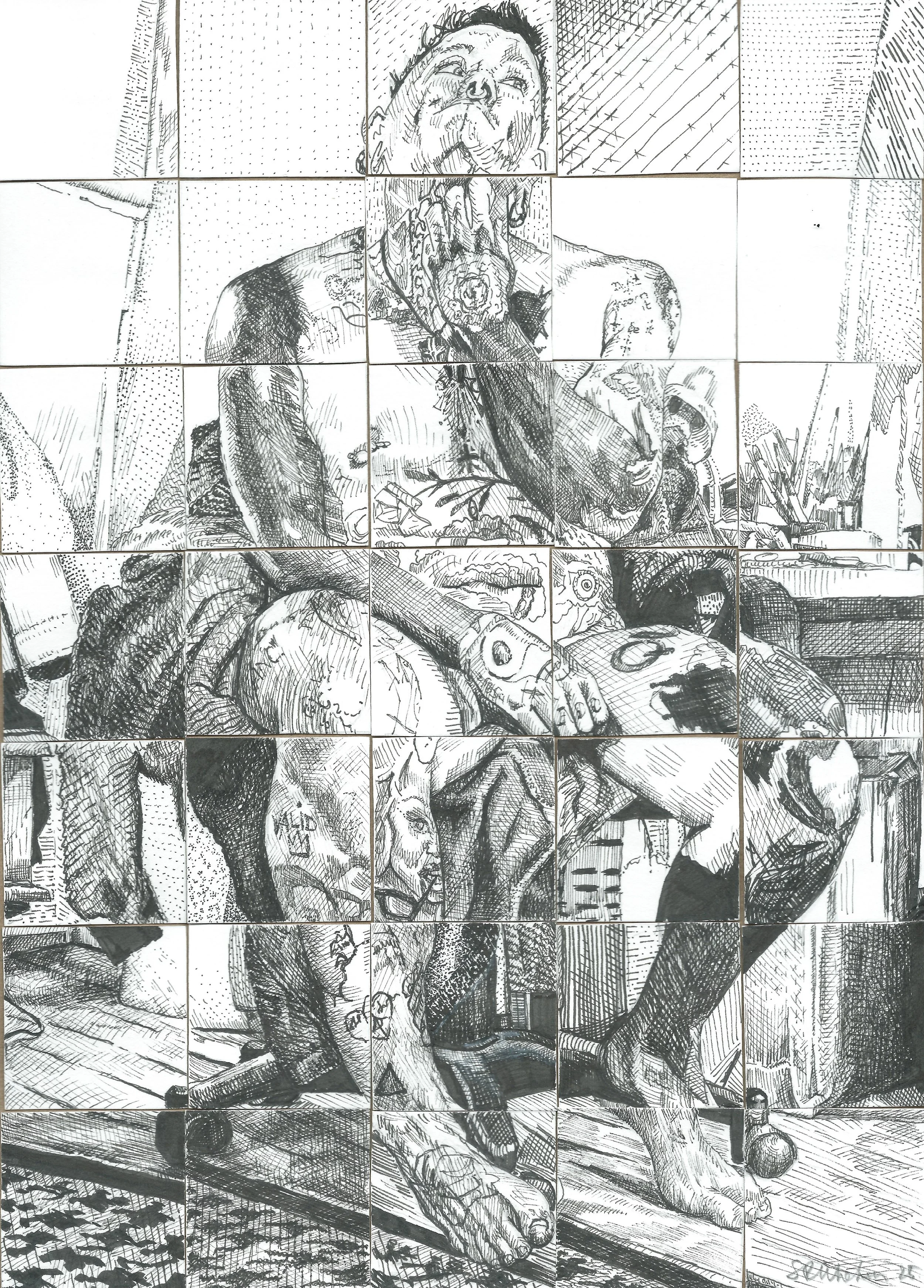 "Arriving in pieces"
pen on ink on paper tiles, 2025,
20 x 28 cm
