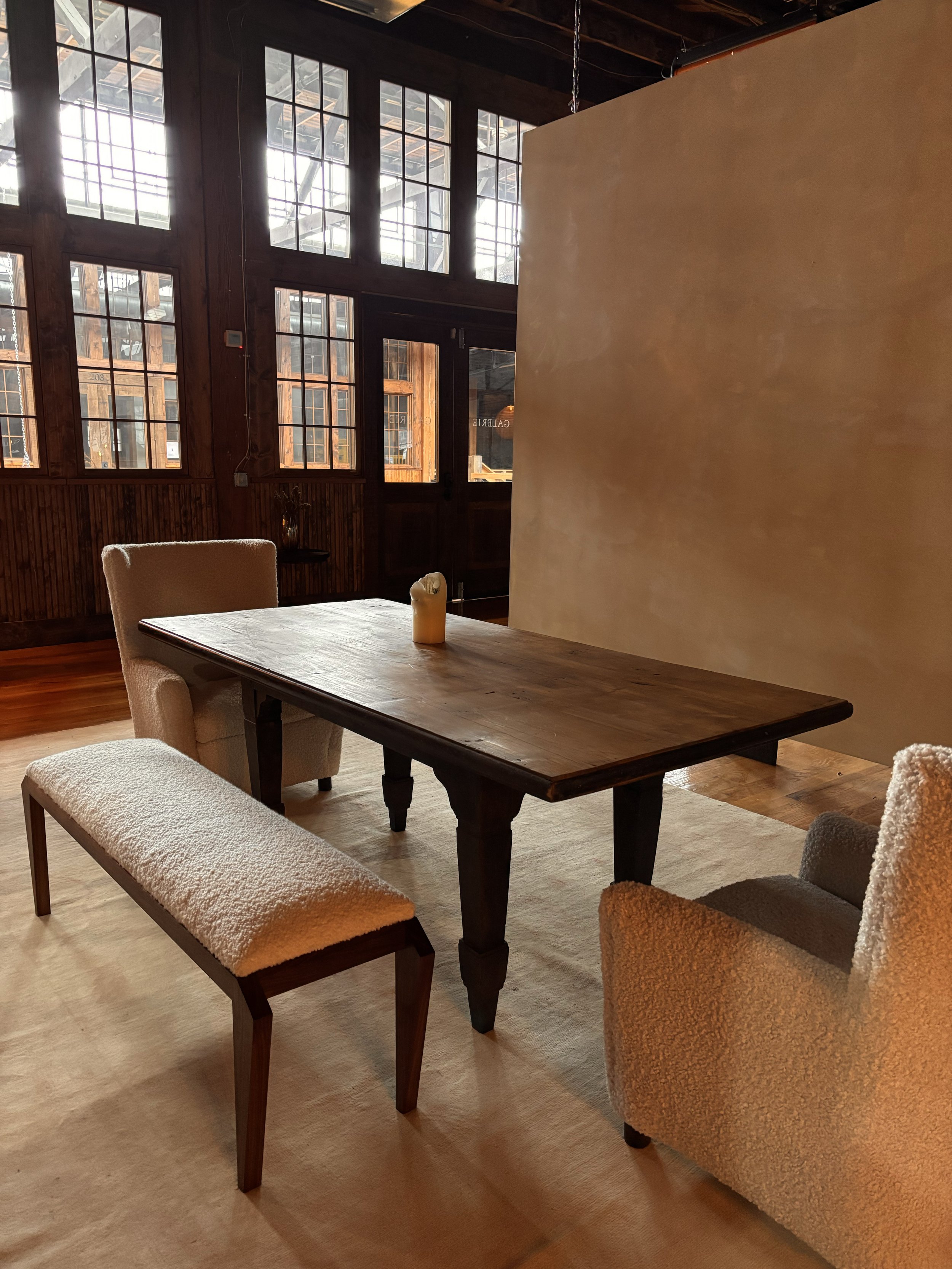 Indian Wood Dining Table, Italian Shearling Chairs, and Hamilton Rosewood Bench